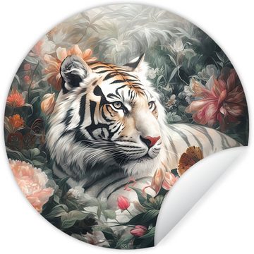 MuchoWow Wandsticker Tiger - Wildtiere - Blumen - Dschungel (1 St), Tapetenkreis für Kinderzimmer, Tapetenaufkleber, Rund, Wohnzimmer