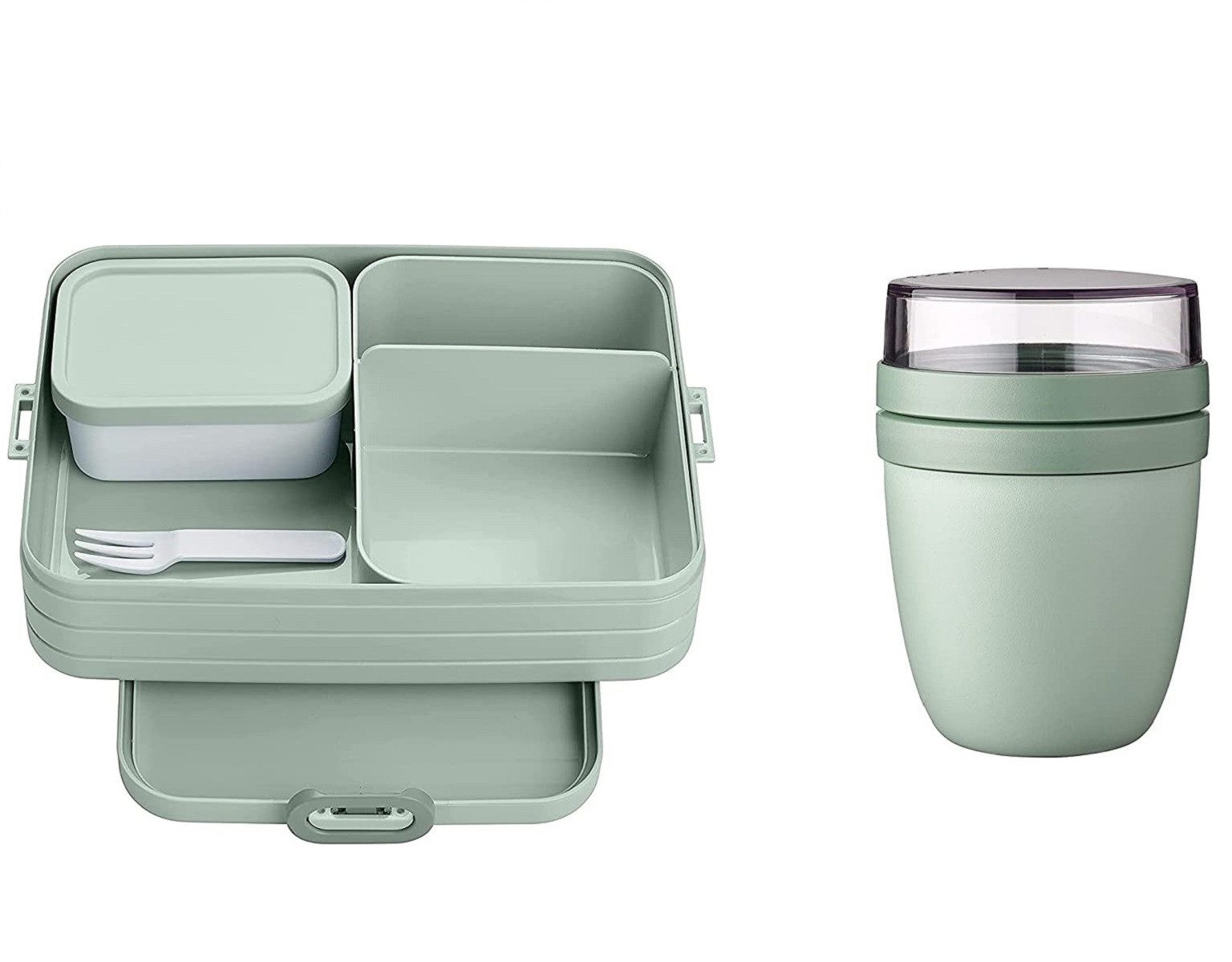 Mepal Lunchbox Bento-Lunchbox Large, 2-tlg Starter Set Snacks to go mit Lunchpot, Polypropylen (PP), PCTG, praktischer Müslibecher, Brotdose mit Fächern, Nordic Sage
