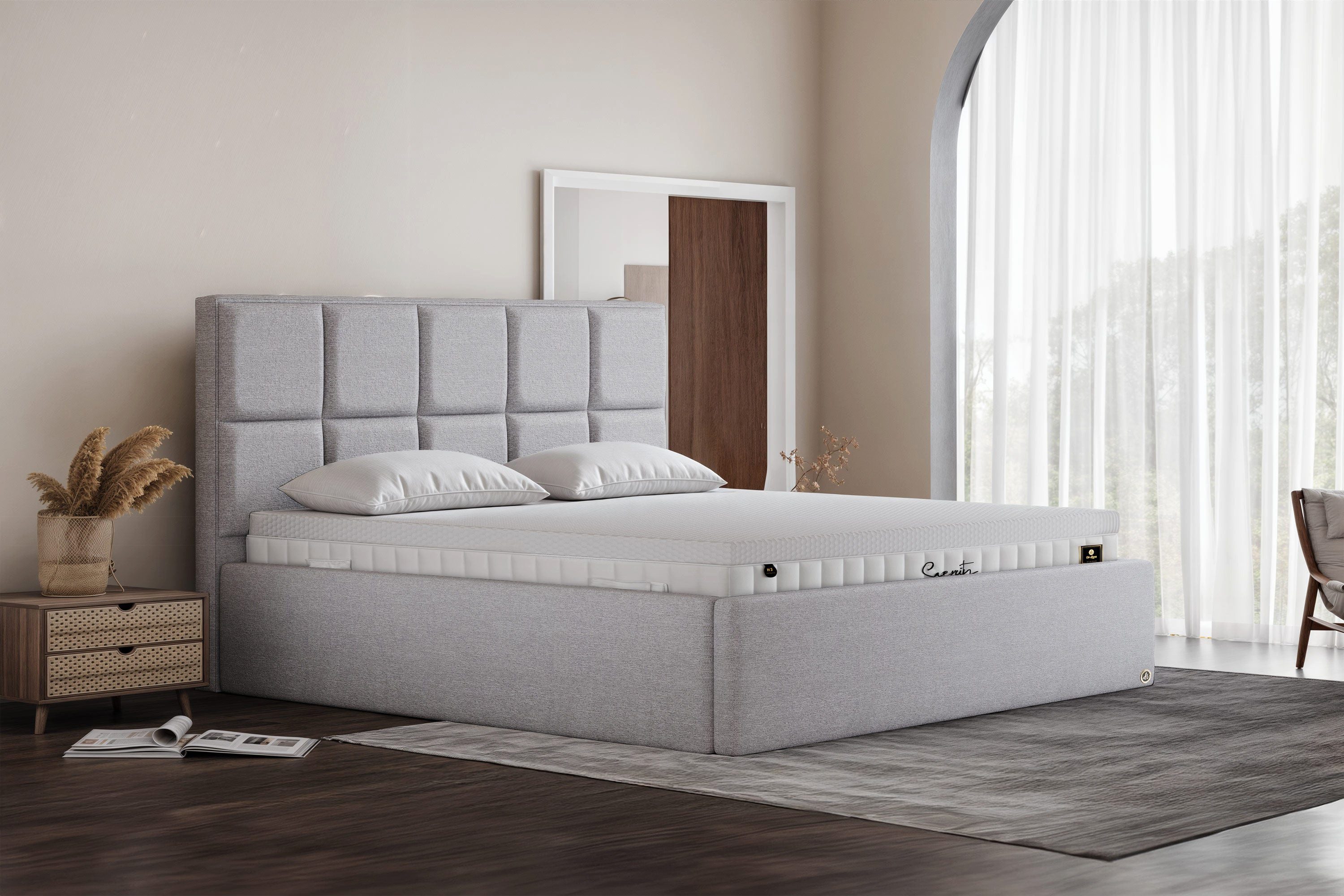 Di-Lara Polsterbett Tara 90x200 cm (Grau, mit Lattenrost(e) und XXL Bettkasten), ohne Matratze(n) und Topper