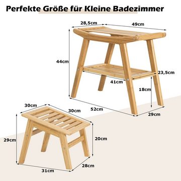 COSTWAY Duschhocker, belastbar bis 150 kg, mit Fußhocker, Fach, Bambus