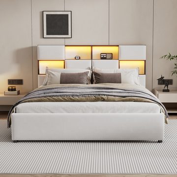 DOPWii Bett 160*200cm Flachbett mit Verstellbares Umgebungslicht,USB-Anschluss, Mehrere Ablagefächer an Der Seite des Bettes,Beige