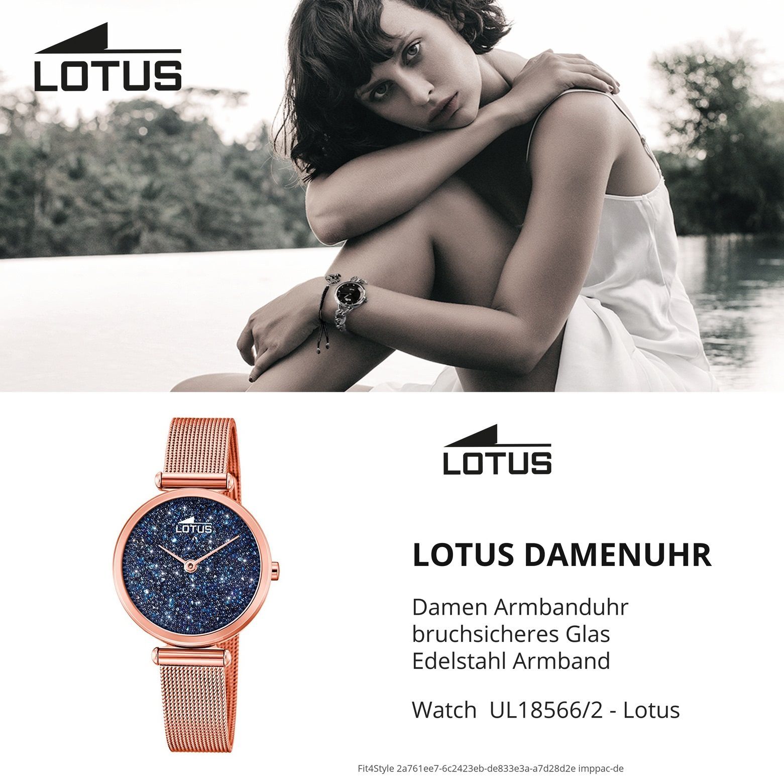 Lotus Quarzuhr Damen rund, Armbanduhr Damenarmbanduhr rosé Edelstahlarmband Lotus Elements, Swarovski