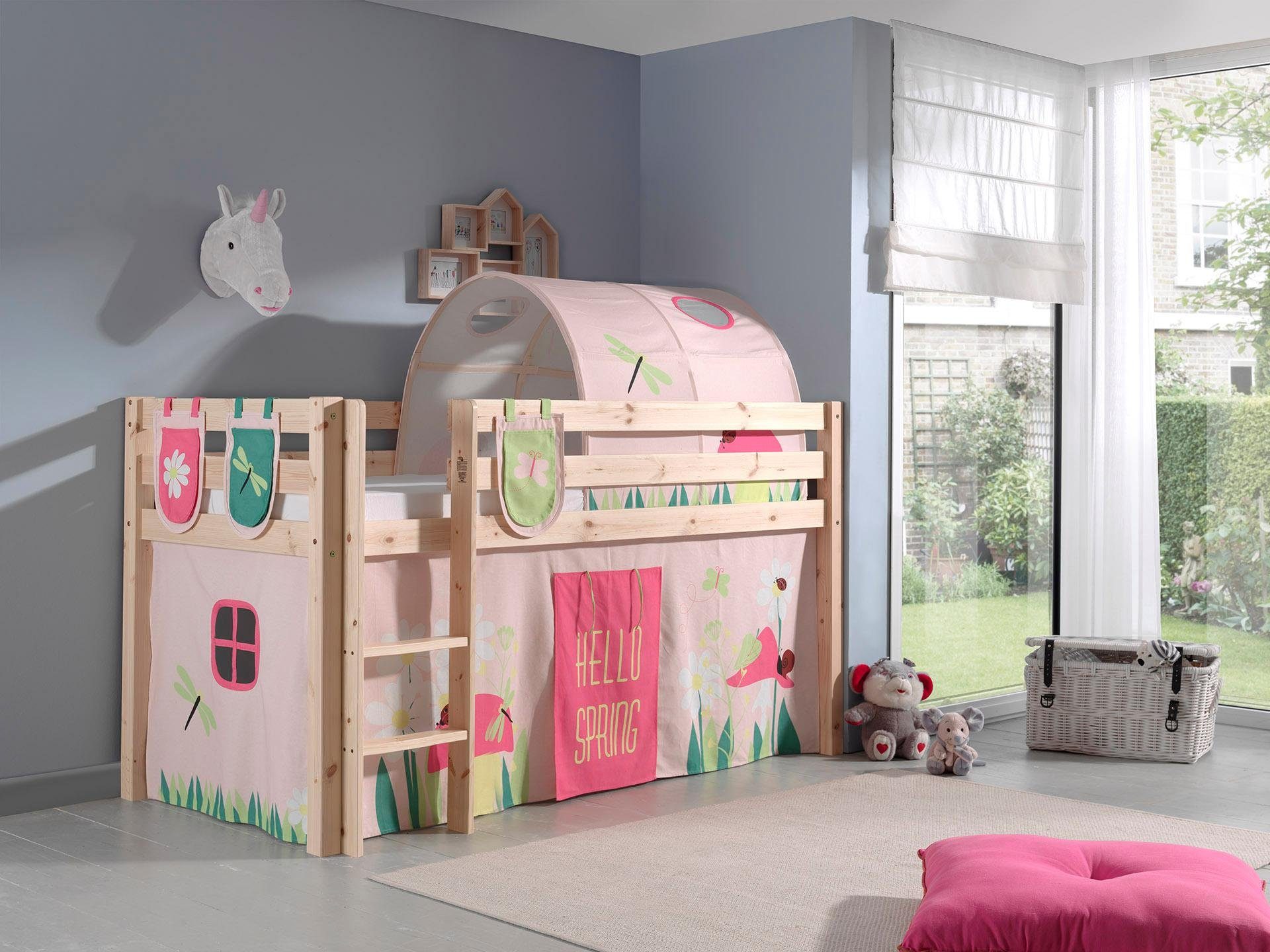 Vipack Hochbett Pino, Spielbett massiv Kiefer, stabil gebaut, 3 Korpusfarben zur Wahl (inkl. Rolllattenrost, Leiter und Absturzschutz, mit oder ohne Rutsche) Textil-Set "Spring", inkl. Vorhang, mit oder ohne Tunnel