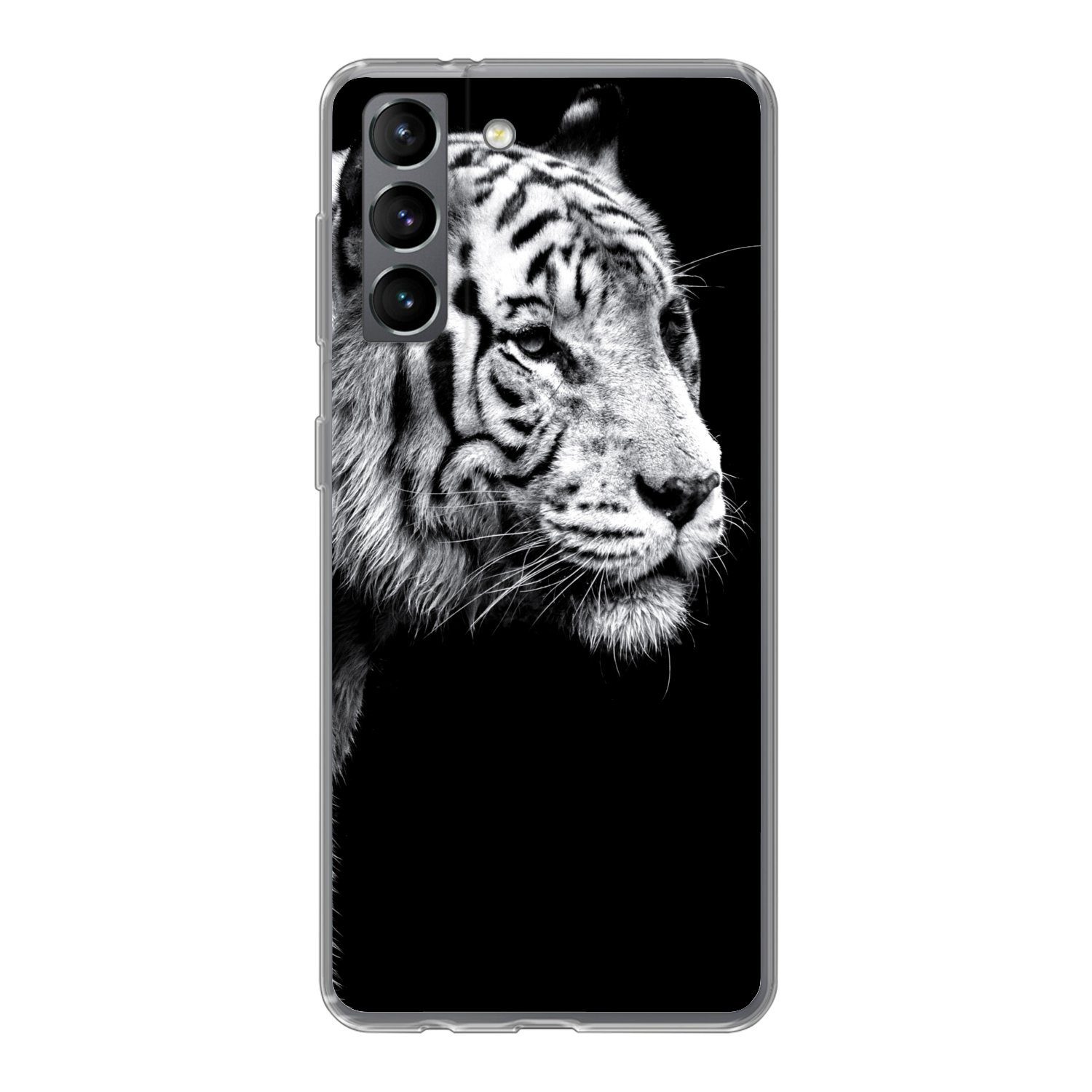 MuchoWow Handyhülle »Studioaufnahme eines weißen Tigers auf schwarzem  Hintergrund«, Handyhülle Telefonhülle Samsung Galaxy S21