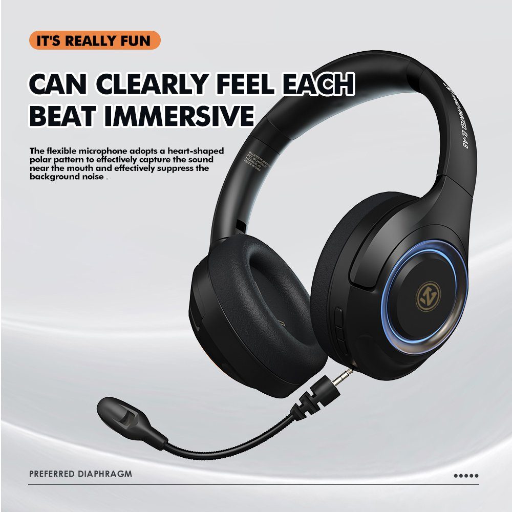 Mutoy Gaming Headset RGB abnehmbar,Over Gaming-Headset Wireless) Schwarz mit Bluetooth mit Noise-Cancelling,Hi-Fi Mikrofon, Ear-Kopfhörer (Headset Stereo,Faltbare, Atemlicht&Mikrofon