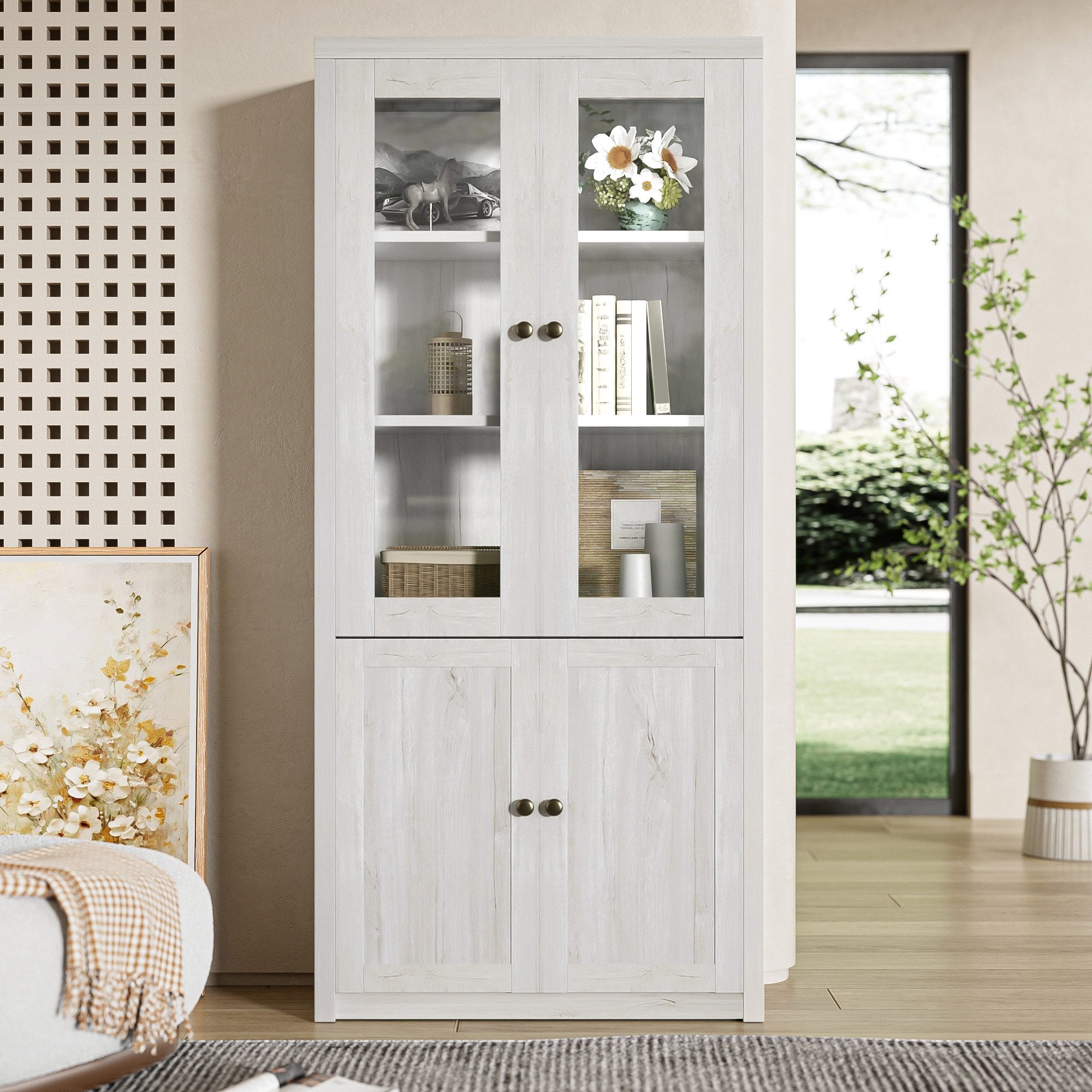 Merax Hochschrank Holzoptik Standvitrine mit Glastüren (1-St) Glashängeschrank Sideboard,Viel Stauraum mit Kupfergriffen 80x34x171cm