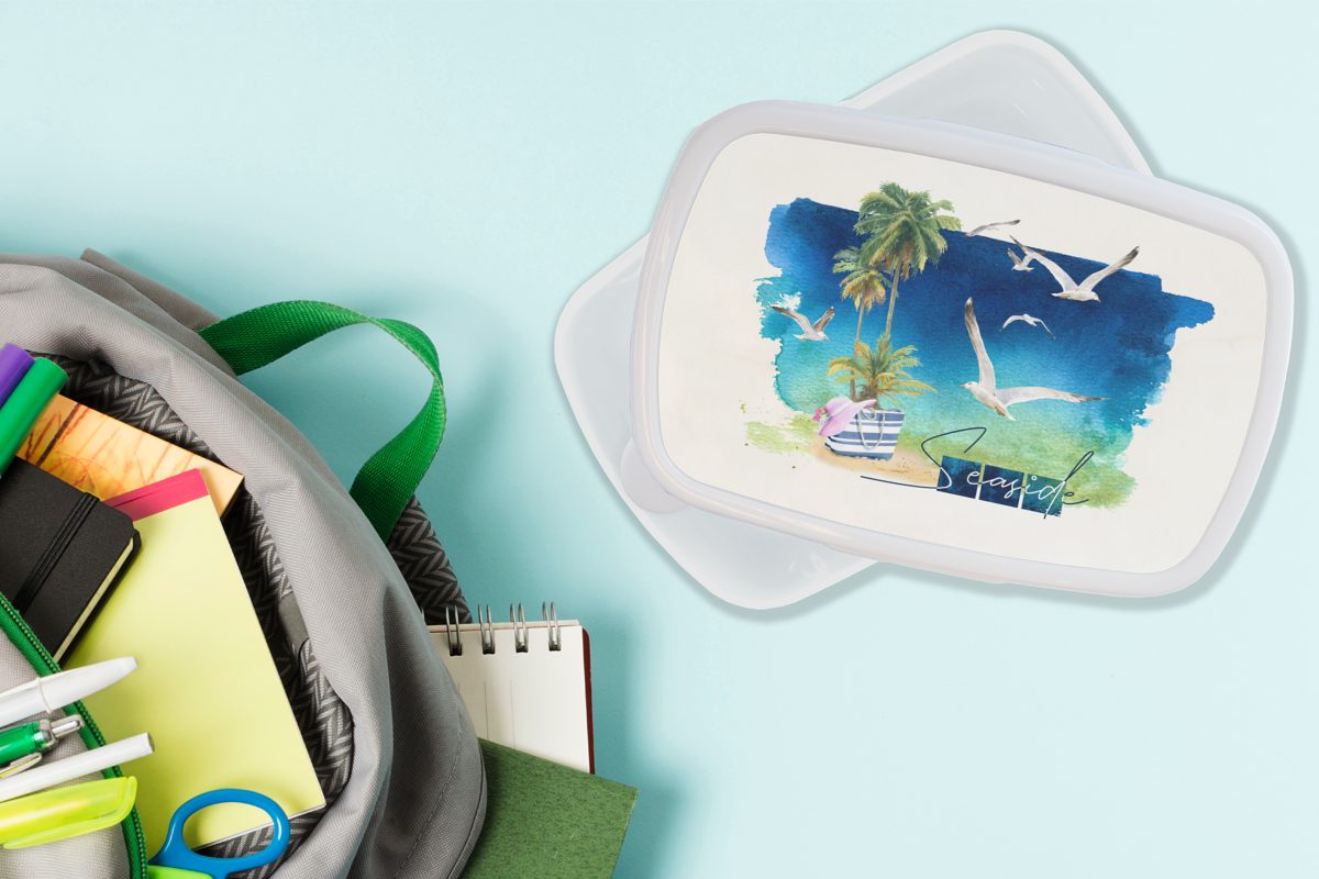 MuchoWow Lunchbox Vogel - Palme weiß und Kinder Himmel Strand, - Brotdose, Mädchen für Kunststoff, - Jungs für Brotbox (2-tlg), Erwachsene, und