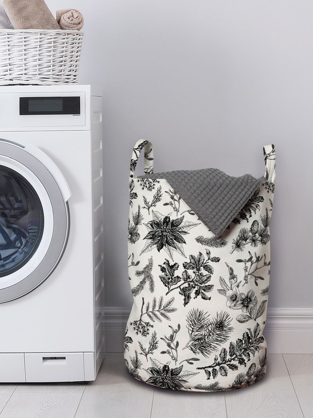 Abakuhaus Wäschesäckchen Wäschekorb mit Waschsalons, Kordelzugverschluss Blume Weihnachtsbeeren Skizze Griffen für