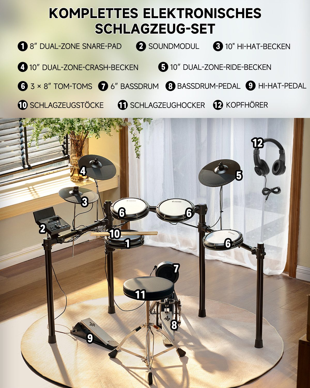 Donner E-Drum DED-100 Bluetooth 450 Sounds, 30 Drumkits Mesh-Fell, Hocker Kopfhörer,Set, Sitzhocker, Kopfhörer, Drumsticks, Bluetooth, 450 Sounds, über 30 Drum-Kits, zusammenklappbar