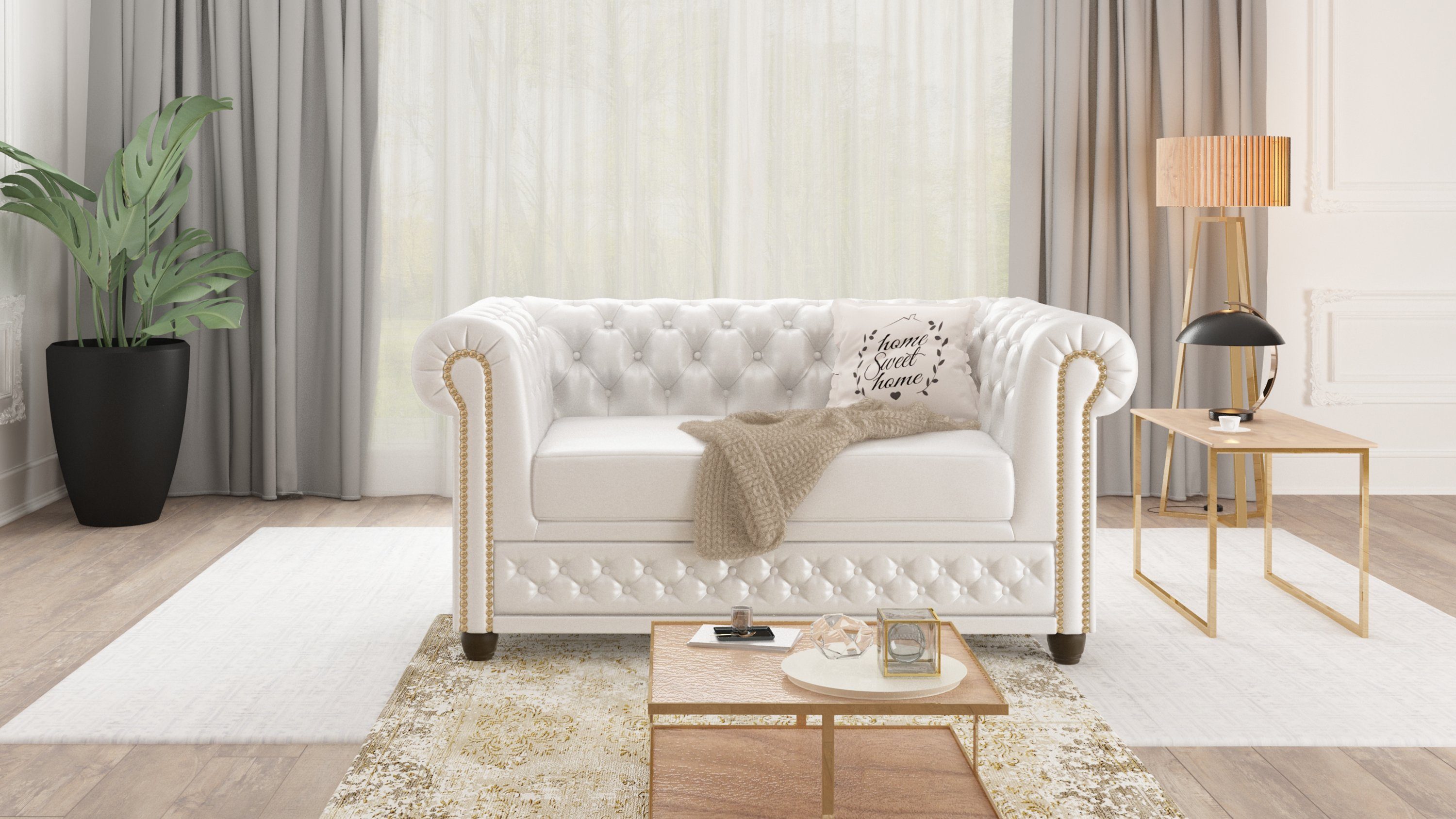 Sofa, mit Wellenfederung Jeff S-Style 2-Sitzer Chesterfield Weiß Möbel