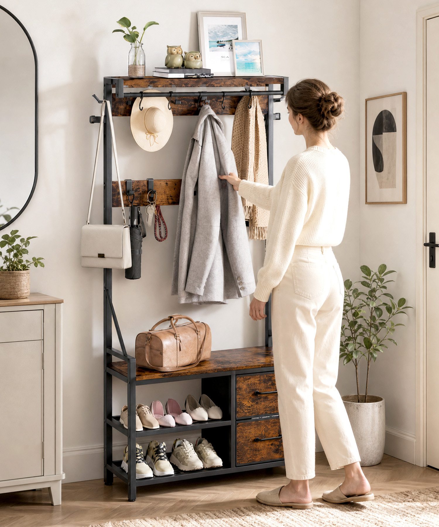 Yorbay Kleiderständer Garderobenständer mit Schuhregal & Sitzbank – 17 Haken, 2 Schuhreihen, (80x30x180 cm), 2 Stoffschubladen,Flurgarderobe für Diele, Wohnzimmer