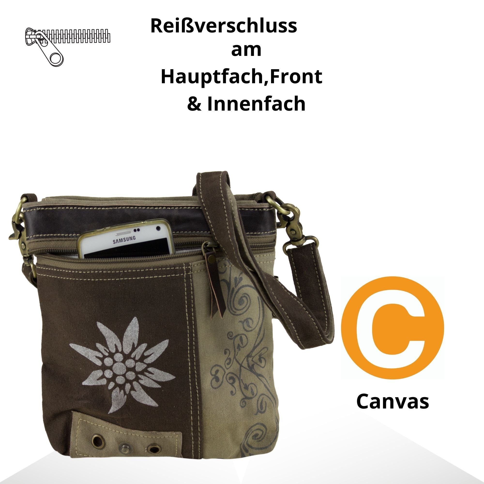 Domelo Trachtentasche Trachtentasche Dirndl Umhängetasche. Schultertasche mit Edelweiss, echtes Leder, Edelweiss Aufdruck