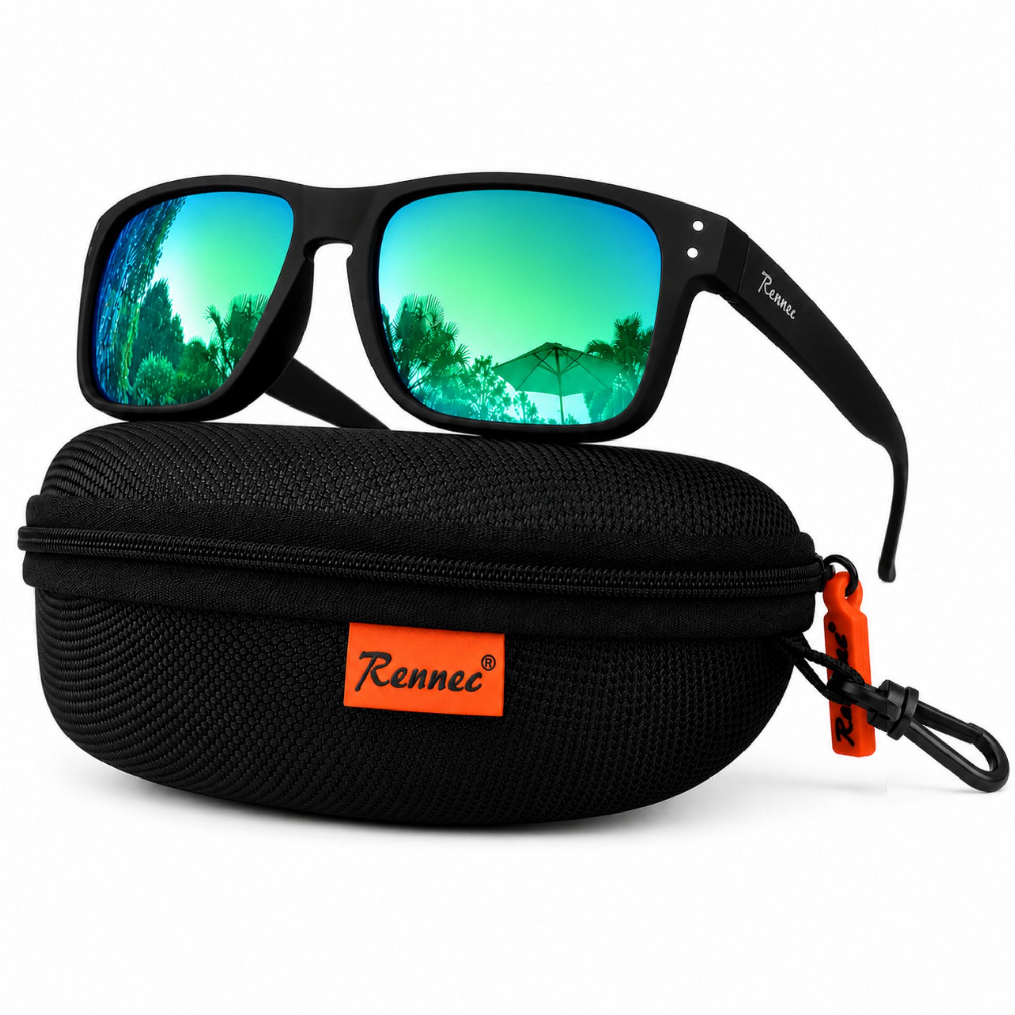 Rennec Sonnenbrille Herren Rechteckig Polarisiert Verspiegelt Markenbrille mit Hardcase Gläser UV400 Getönt oder Verspiegelt, stabile Bügelgelenke