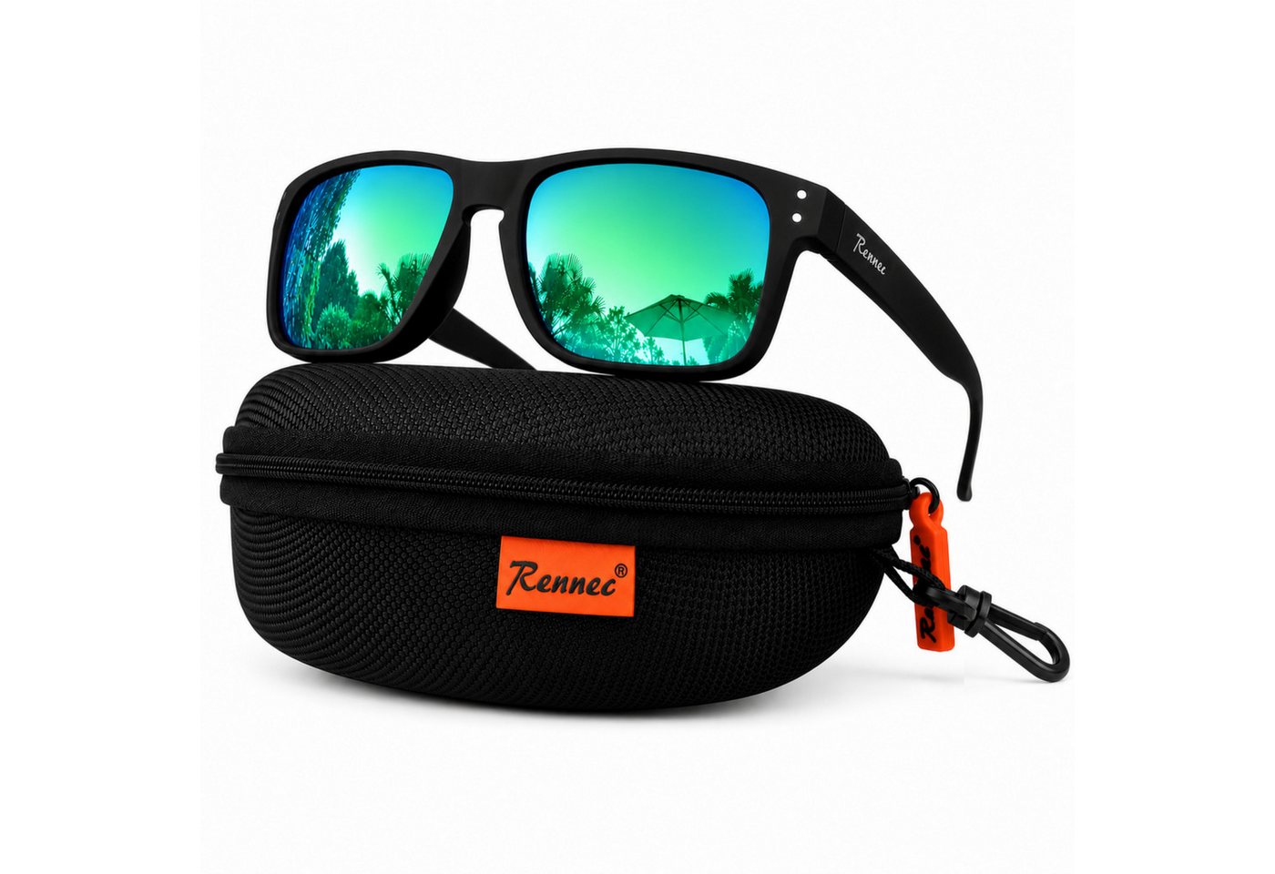 Rennec Sonnenbrille Herren Rechteckig Polarisiert Verspiegelt Markenbrille mit Hardcase Gläser UV400 Getönt oder Verspiegelt, stabile Bügelgelenke