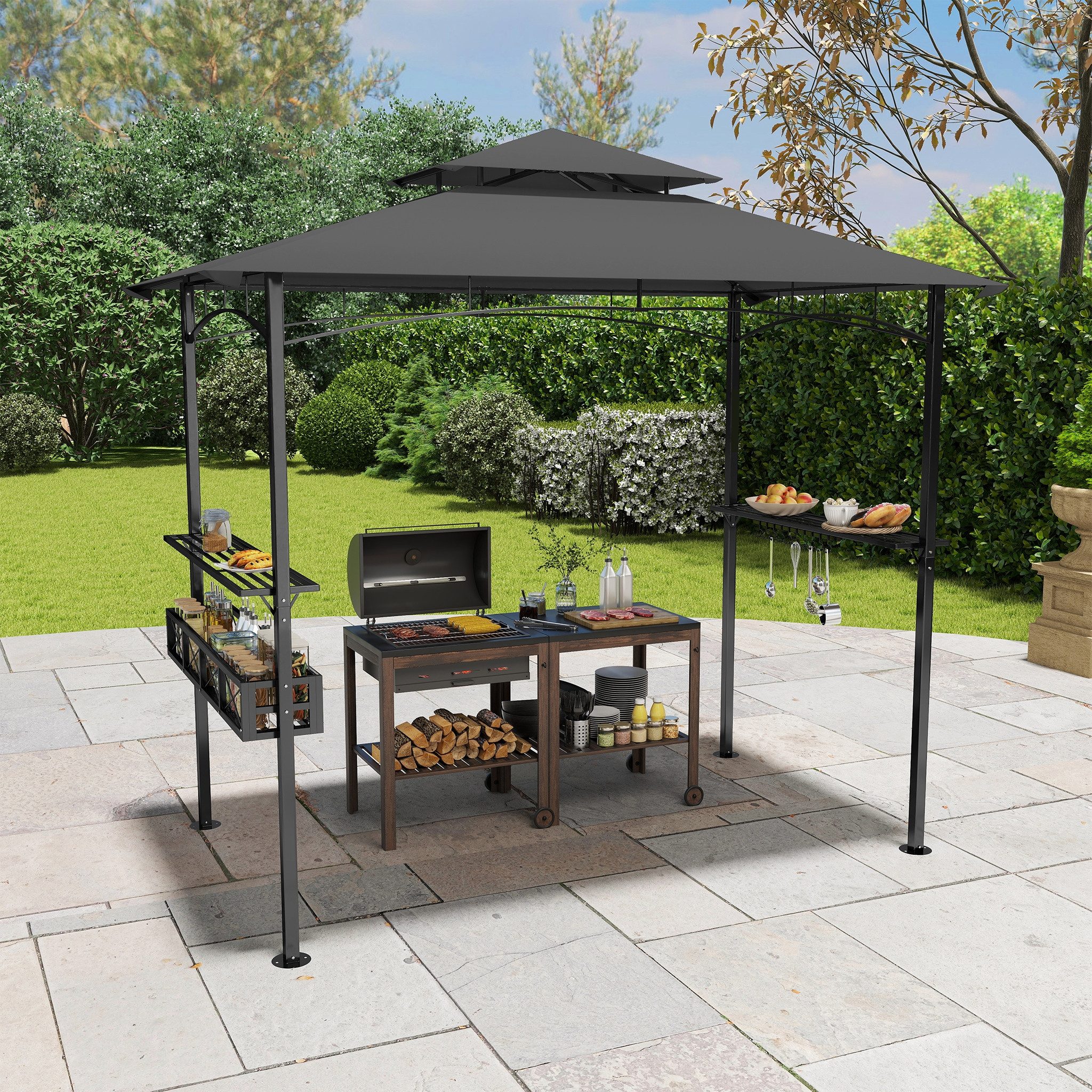 FIVMEN Grillpavillon Grillhaus mit Doppeldach & Ablagen, 2,45 x 1,53 m, Grau – Bild 5 von 5