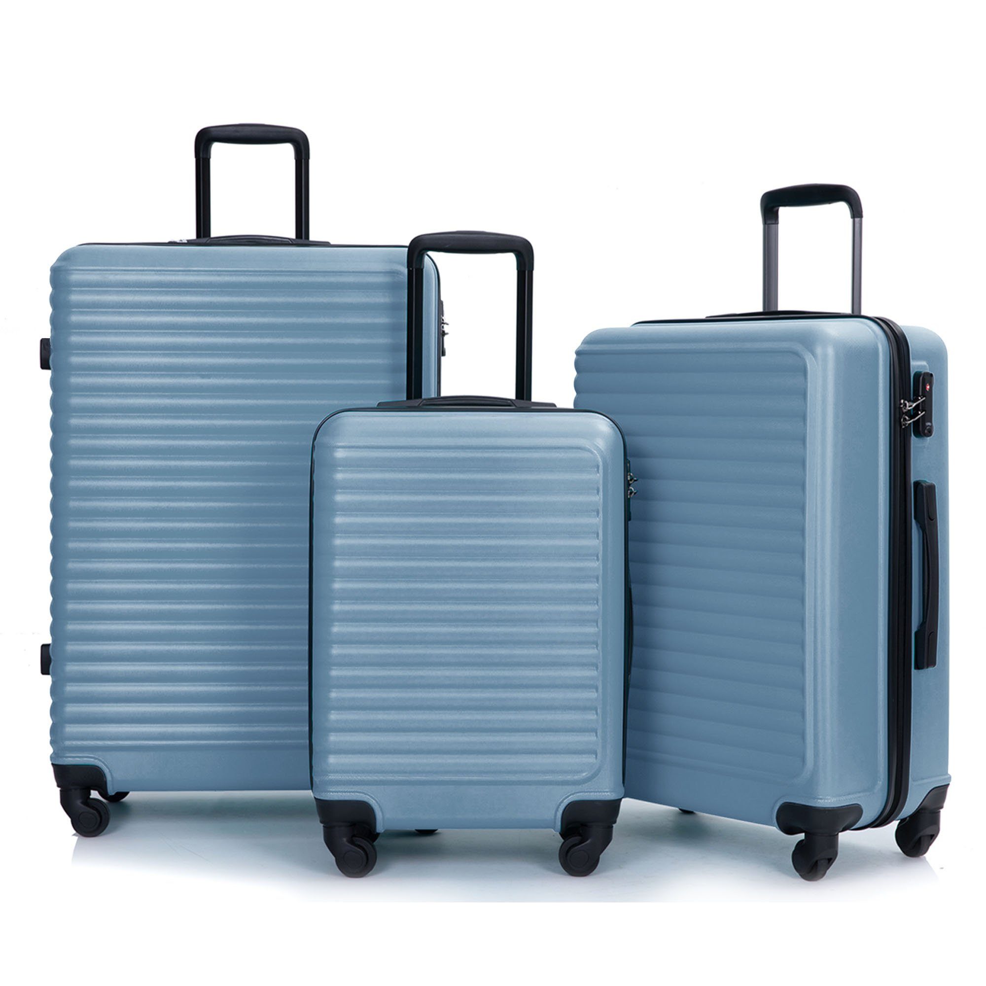 Flieks Trolleyset, 4 Rollen, (Set, 3 tlg), Kofferset Hartschalentrolley Handgepäckkoffer mit Schiebehakenfüße Blau