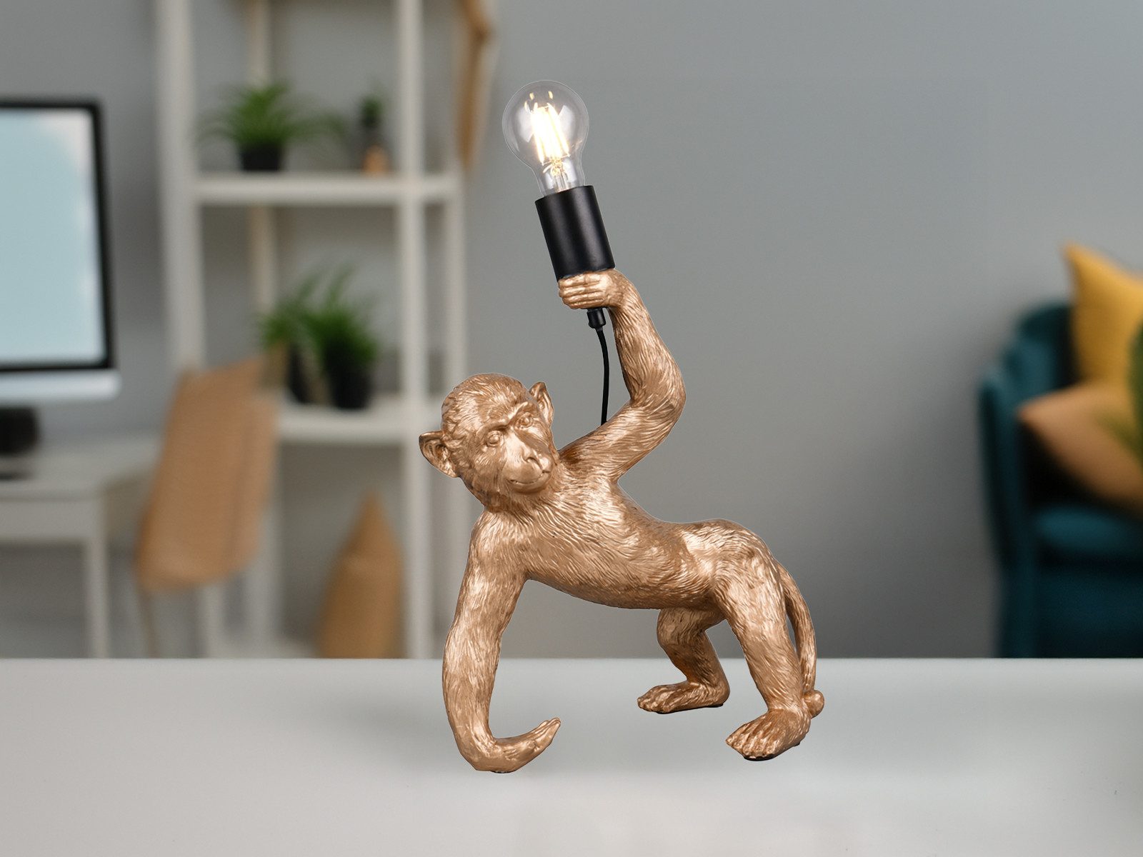 Reality Leuchten LED Nachttischlampe, Dimmfunktion, LED wechselbar, warmweiß, groß-e Tischlampe ausgefallen-e besondere Affenlampe Gold, H: 42cm