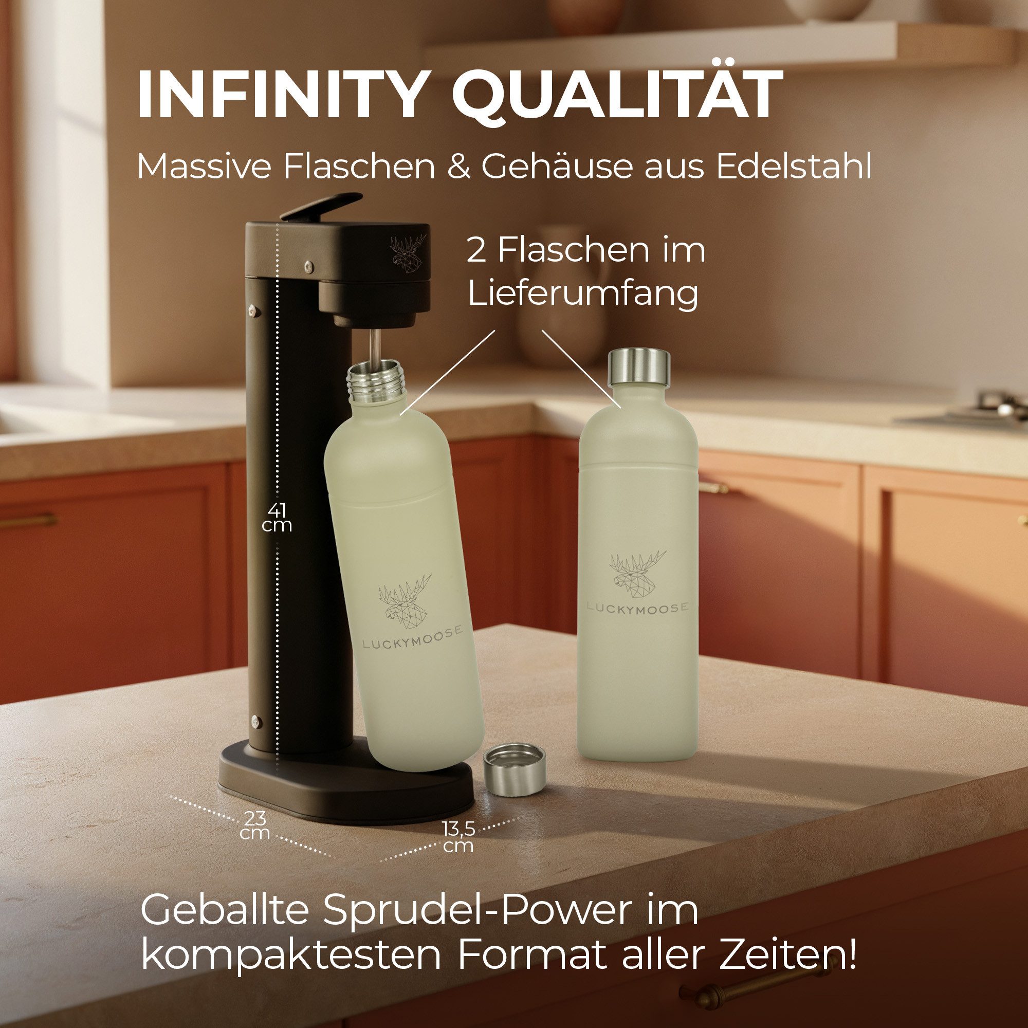 Luckymoose Wassersprudler Infinity-S mit 2x 1,25L langlebige Edelstahlflaschen, (2xSand-tlg), Spart bis zu 25% CO2, Flaschen spülmaschinenfest & ohne Ablaufdatum