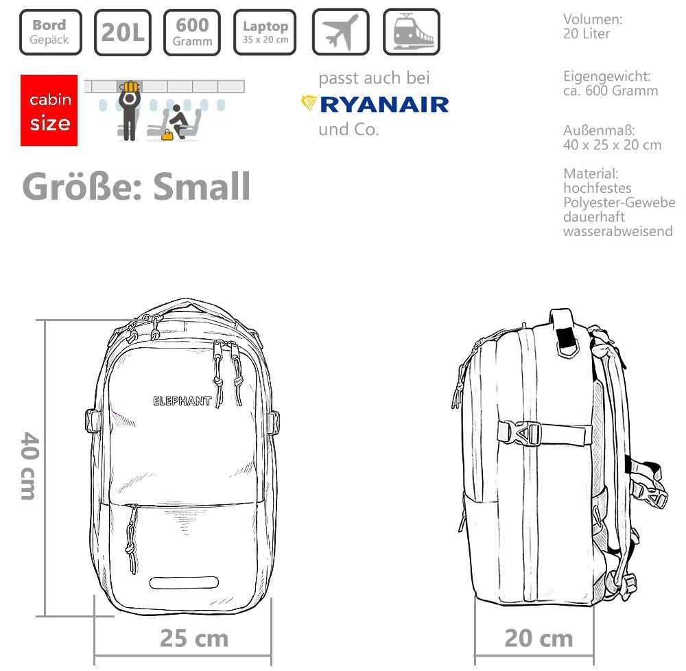 ELEPHANT Rucksack Flugzeug Handgepäck Damen Herren 40x25x20 cm Ryanair, Kabine Reise Reiserucksack Daypack 20 L Gepäck Travel small