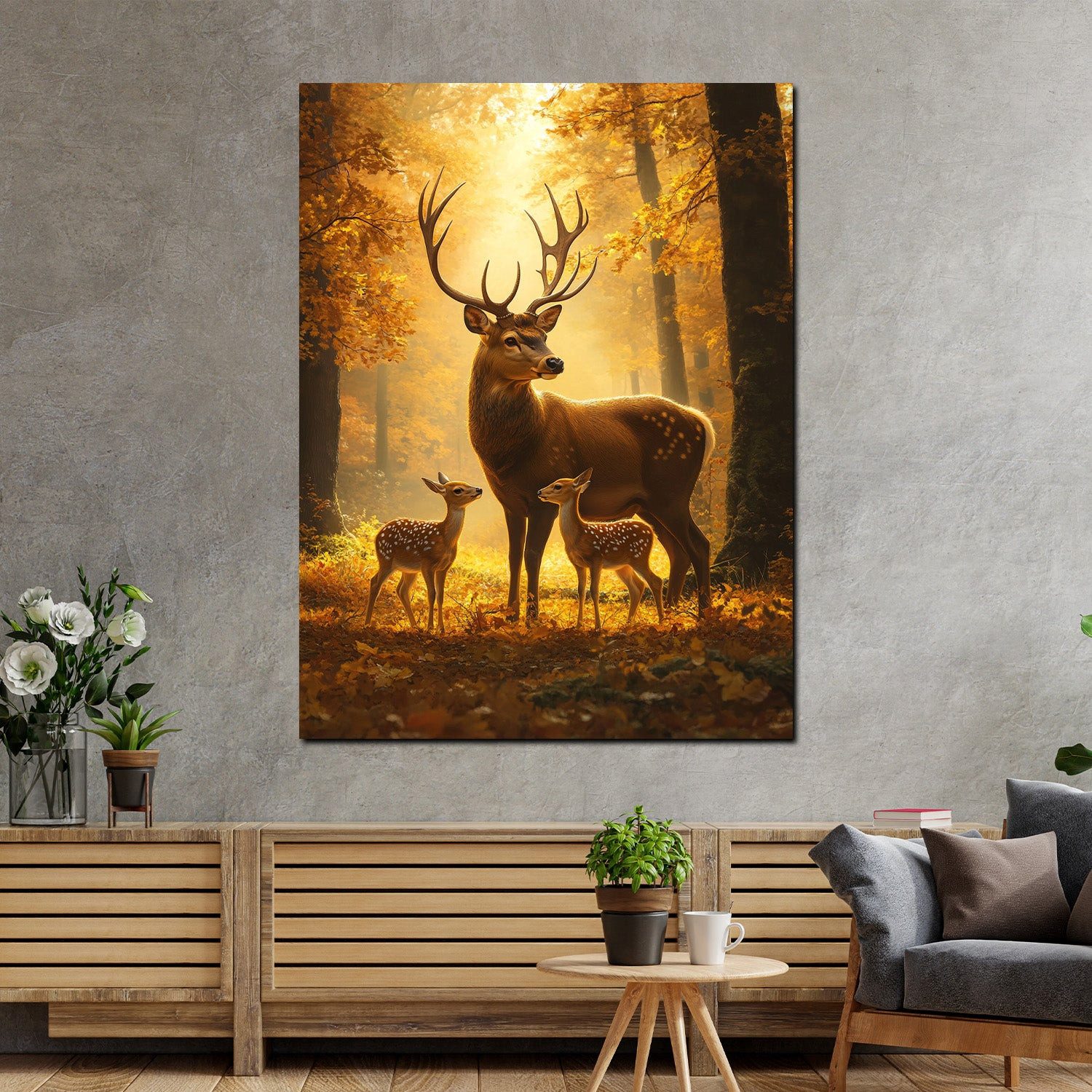 Artedinoi Leinwandbild Hirsche Geborgenheit Herbstwald Leinwandbild Wandbild Kunstdruck XL Wa, Hirsche im Herbstwald