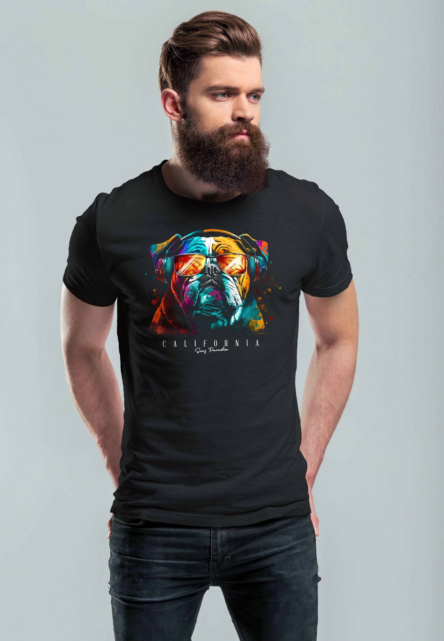 Print-Shirt T-Shirt DJ A Fashion Kunst California Print Neverless schwarz Motiv Print Musik Bulldog Herren mit