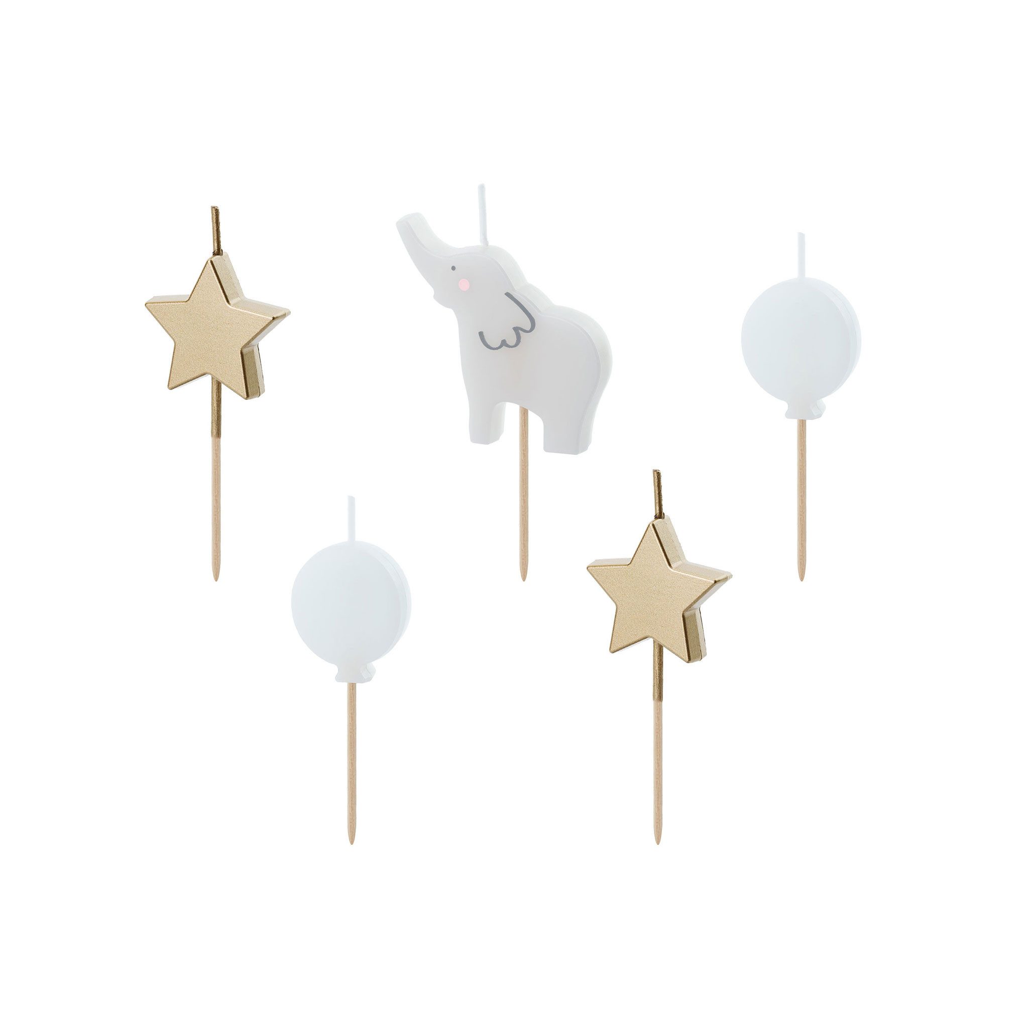 partydeco Geburtstagskerze, Свічки на день народження Elefant und Sterne 3-5cm Weiß / Gold 5er Set