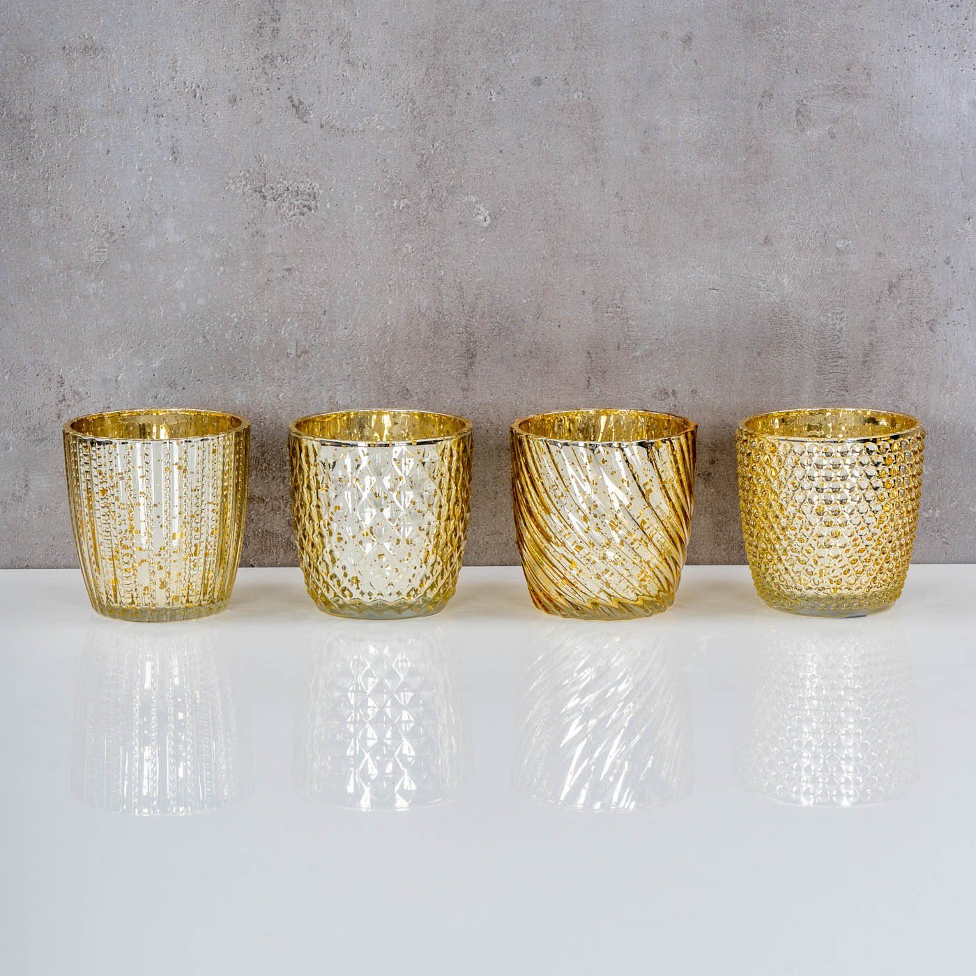 Set Teelichthalter H9cm Gold Tischdeko Kerzen Glas Teelichthalter, 4er Levandeo® Windlicht