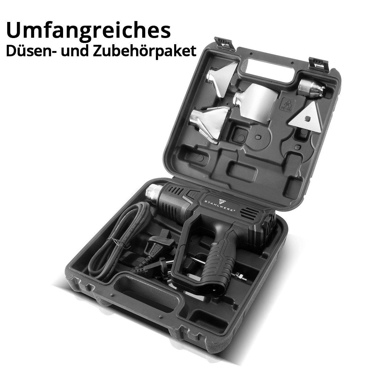 STAHLWERK Heißluftgebläse HP-2000 PRO 2.000 Watt starke Heißluftpistole und Heißluftfön, 2000 in W, bis max. 600 °C, (Set, 9-tlg., Set), zum Schweißen, Löten, S – Bild 5 von 5