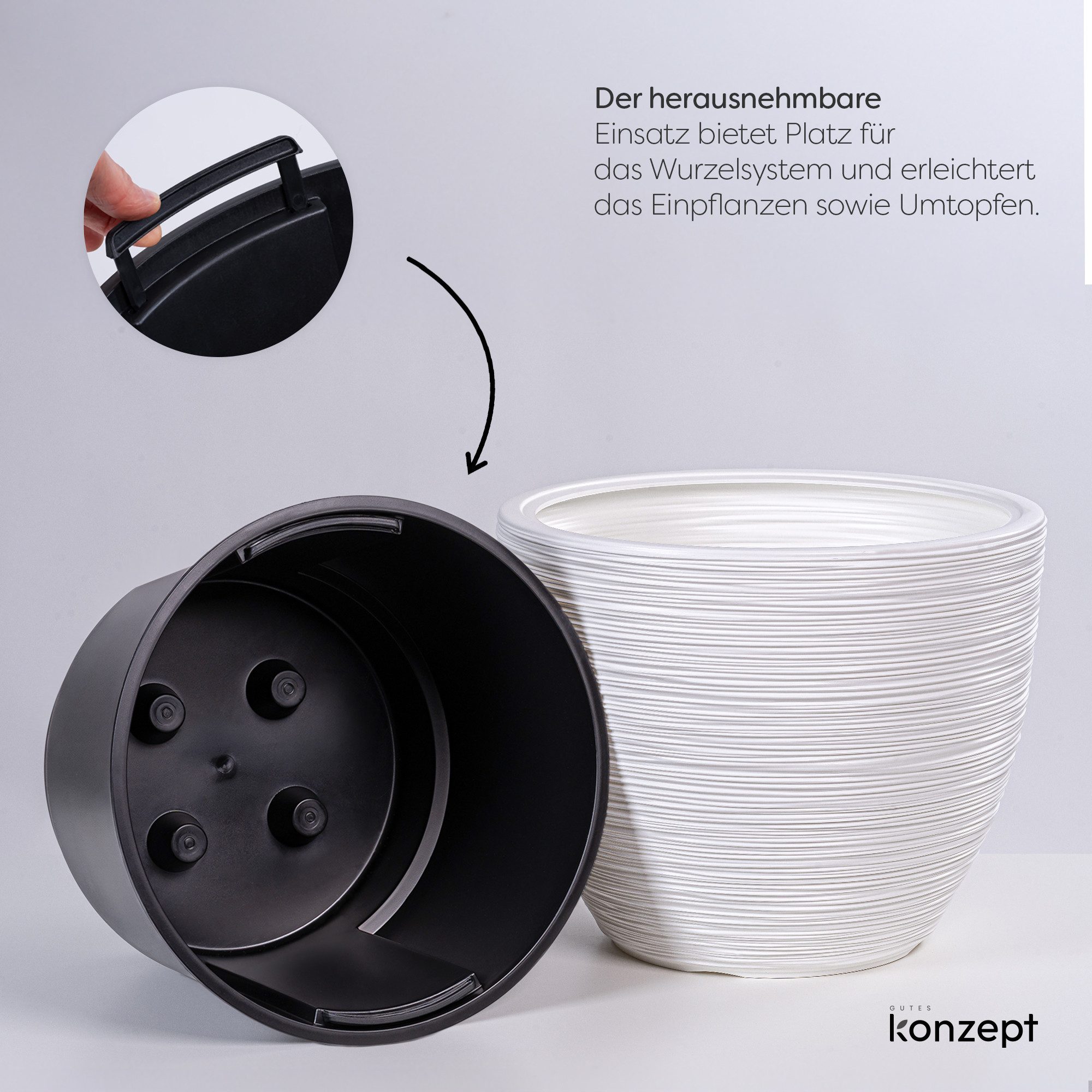 KONZEPT Blumentopf 39 cm Durchmesser aus Kunststoff mit Einsatz, Meißelstruktur, Drainage optional, Herausnehmbarer Pflanzeinsatz, Indoor, Outdoor – Bild 5 von 5