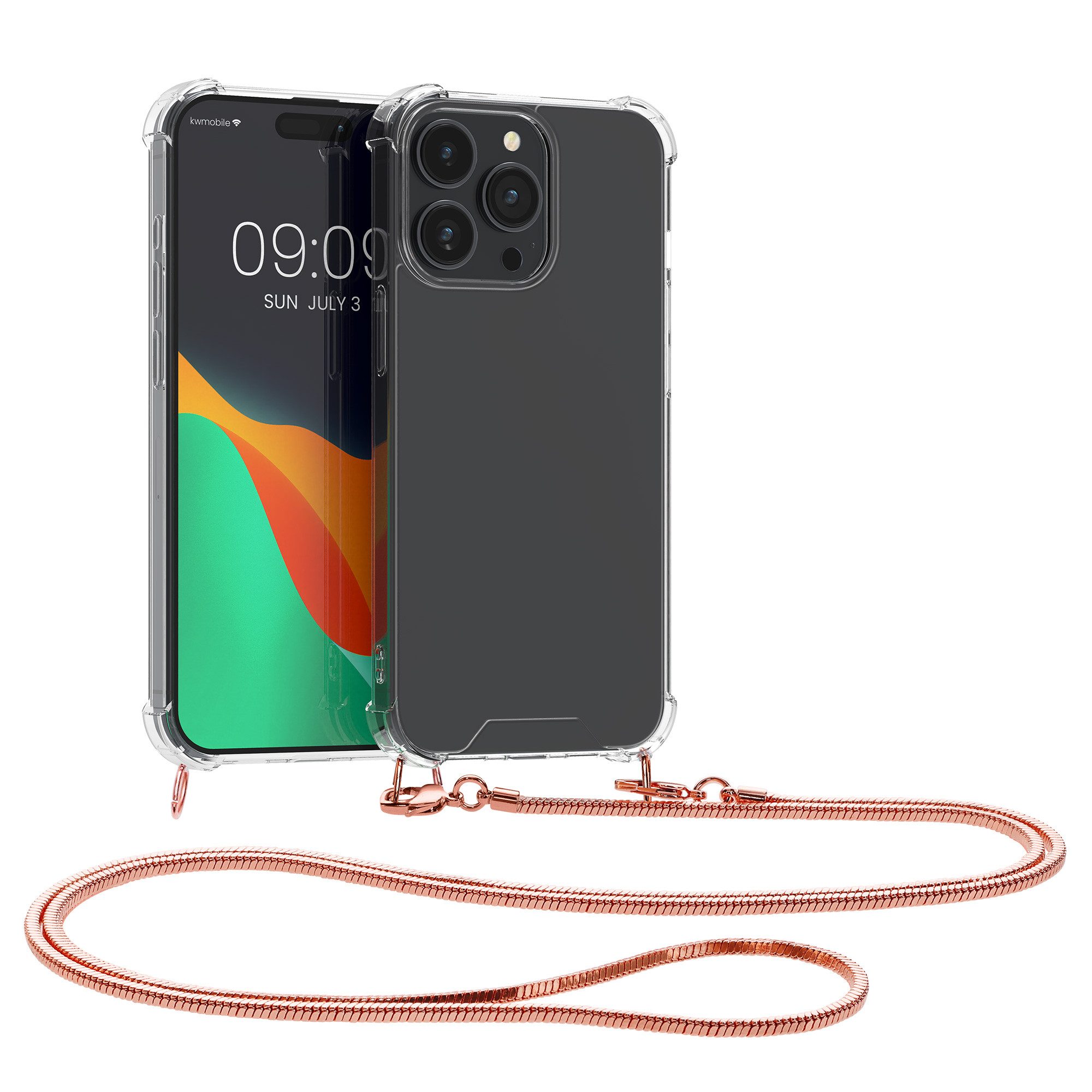 kwmobile Etui Hülle für Apple iPhone 15 Pro, mit Metall Kette zum Umhängen - Silikon Handy Cover Case Schutzhülle