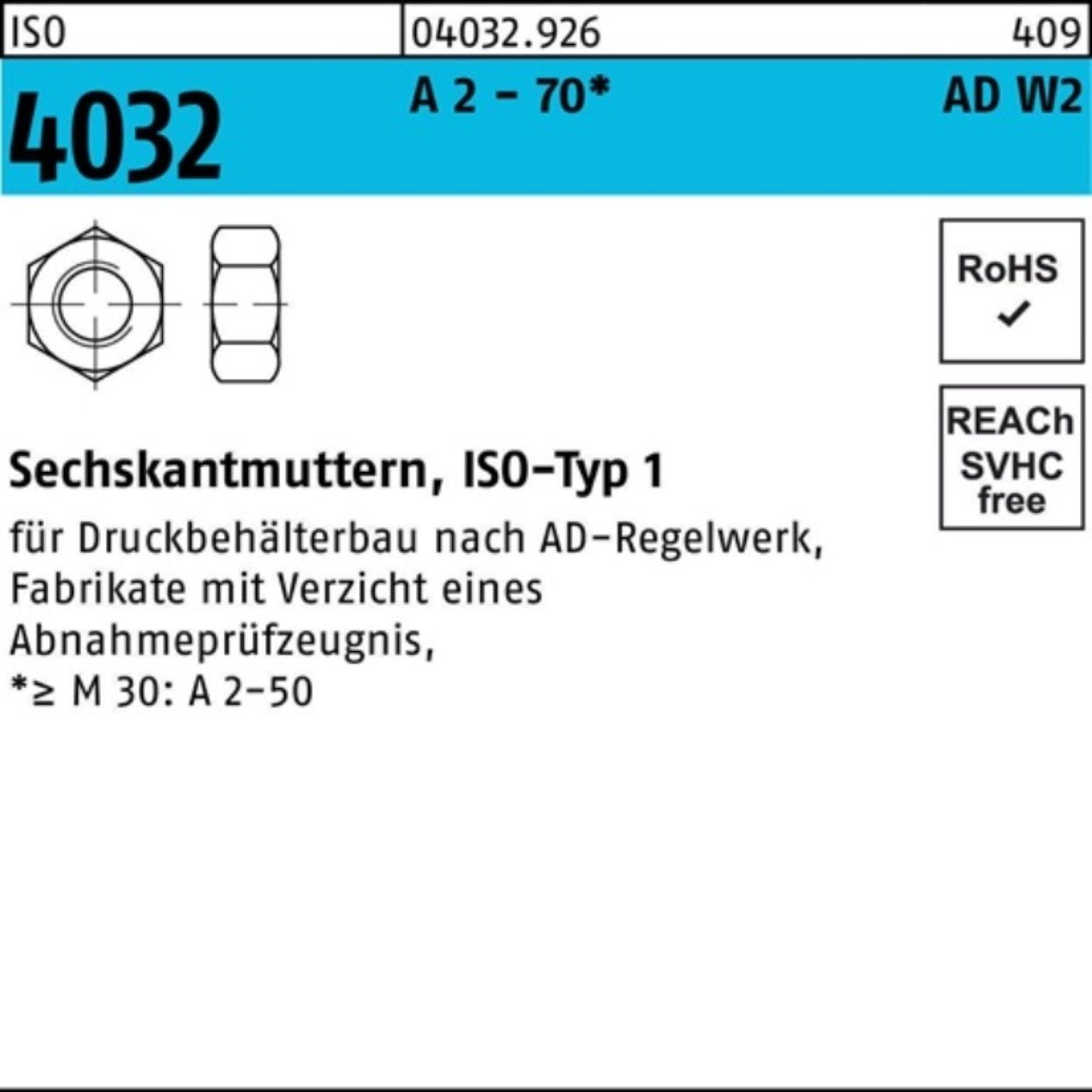 Bufab Muttern 100er Pack Sechskantmutter ISO 4032 M24 A 2 - 70 AD-W2 25 Stück ISO 4