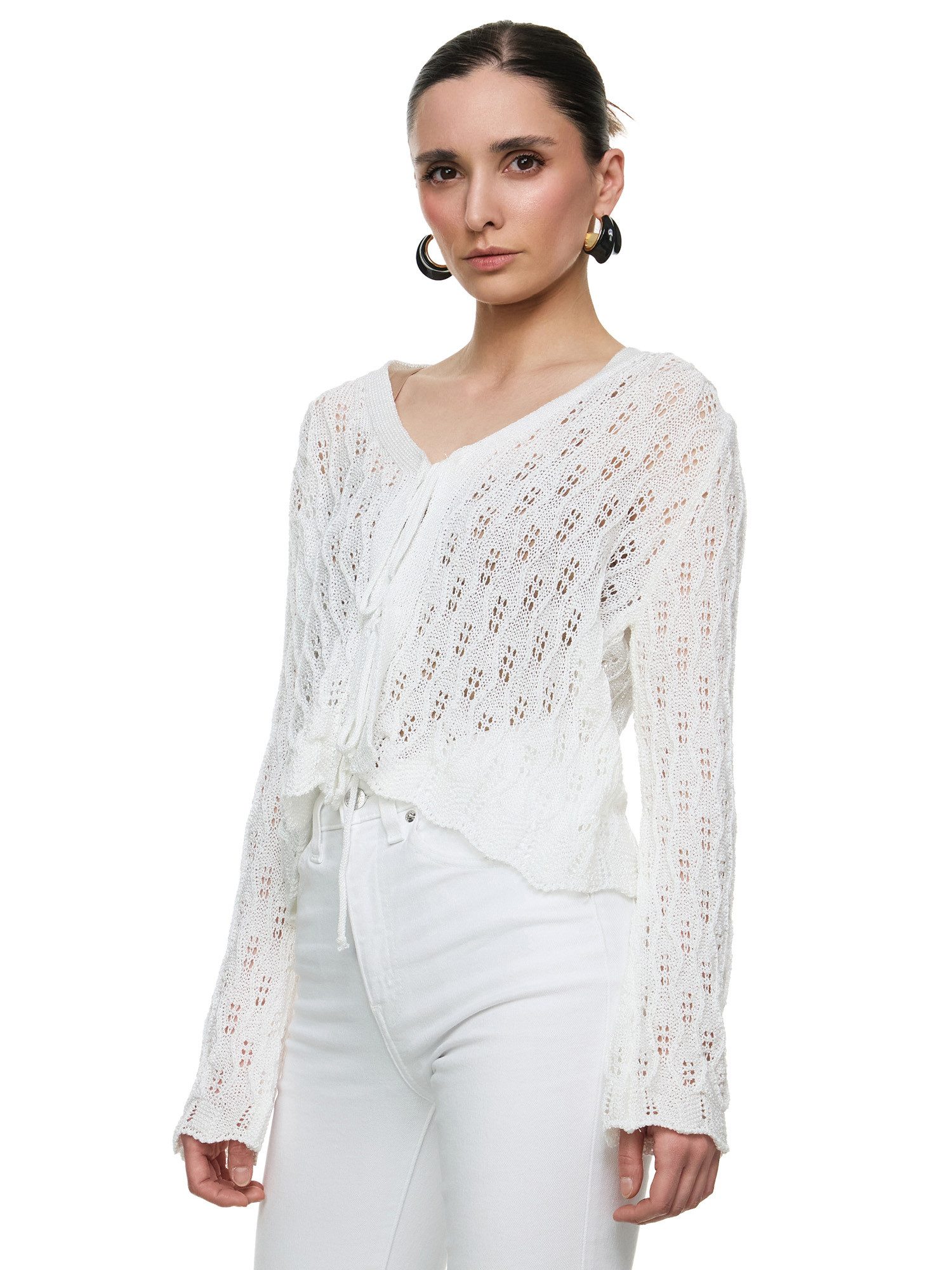 Strickjacke Worldclassca Strickjacke mit Schleife Häkeloptik Sommer Cardigan