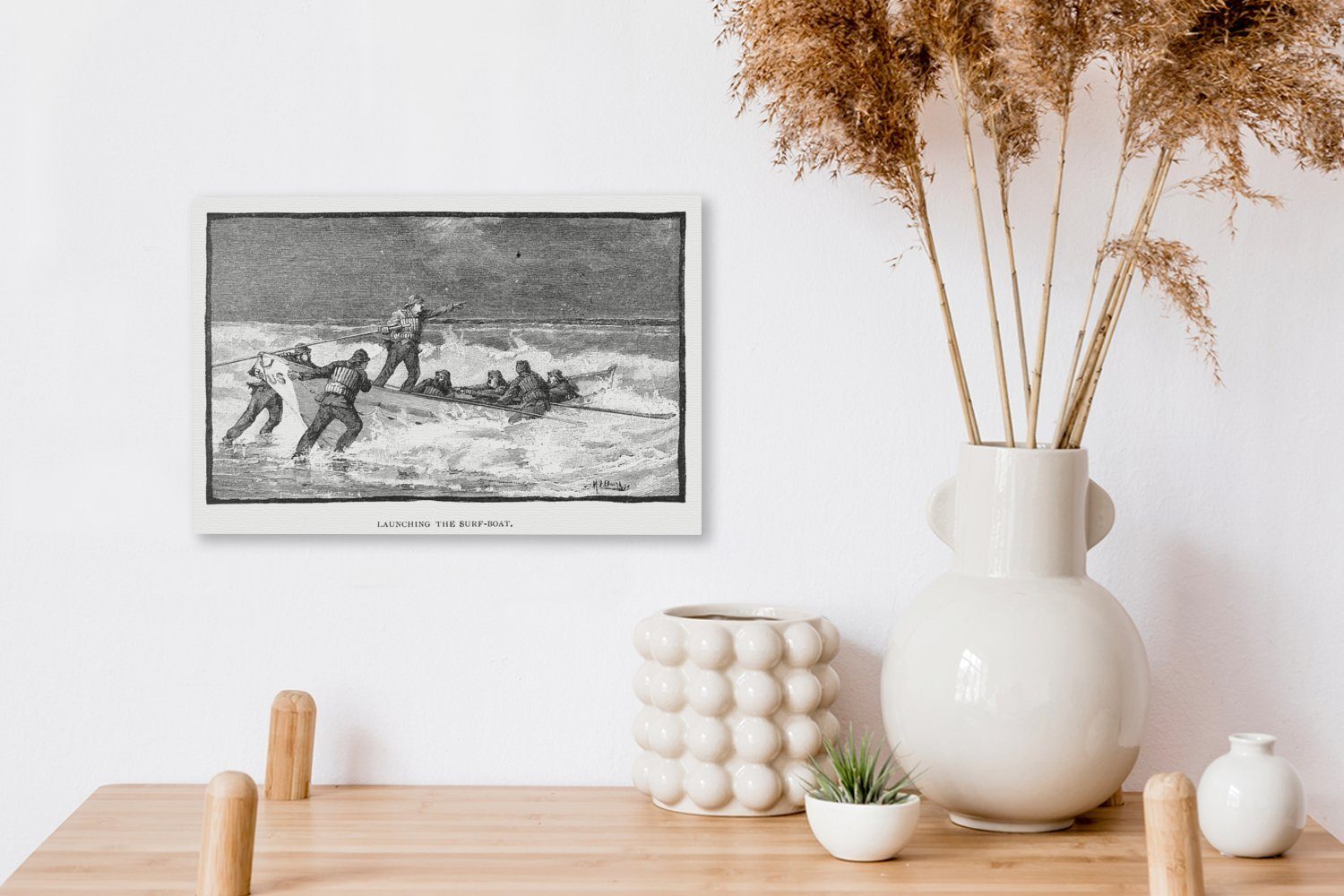 OneMillionCanvasses® Leinwandbild Leinwandbilder, in Schwarz-Weiß-Illustration cm und 30x20 St), ein von (1 Menschen Aufhängefertig, Wandbild um Boot, Wanddeko