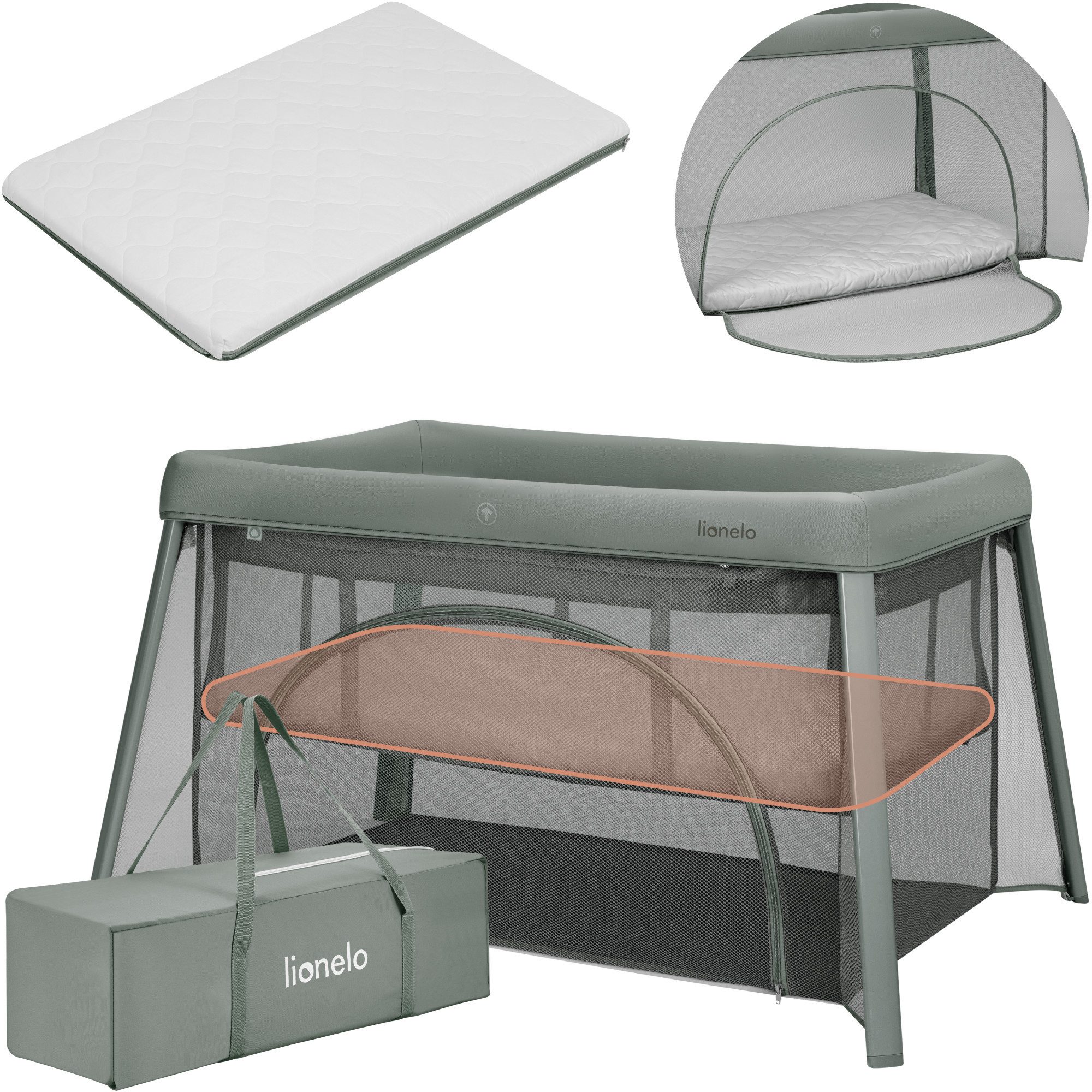 lionelo Baby-Reisebett MILA, 2in1/4-cm-Matratze/2 Höhen/360°-Netz/Tasche