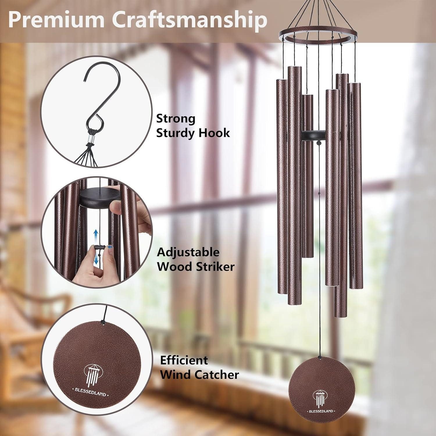 BLESSEDLAND Windspiel Premium Windspiel Garten Hängend 6 Metallrohre Tiefer Ton Patio