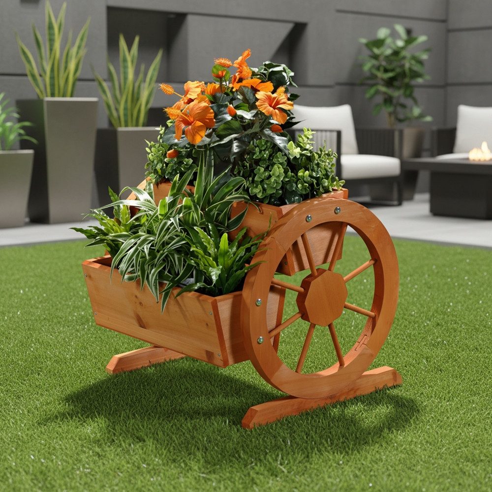 Mucola Pflanzkübel Pflanzkübel + Wagenräder Holz Garten Dekoration Blumentrog Holzkasten (Stück, 1 St., Pflanzkübel + Wagenräder), Zum Aufstellen auf dem Boden, einer Mauer oder einem Gartentisch