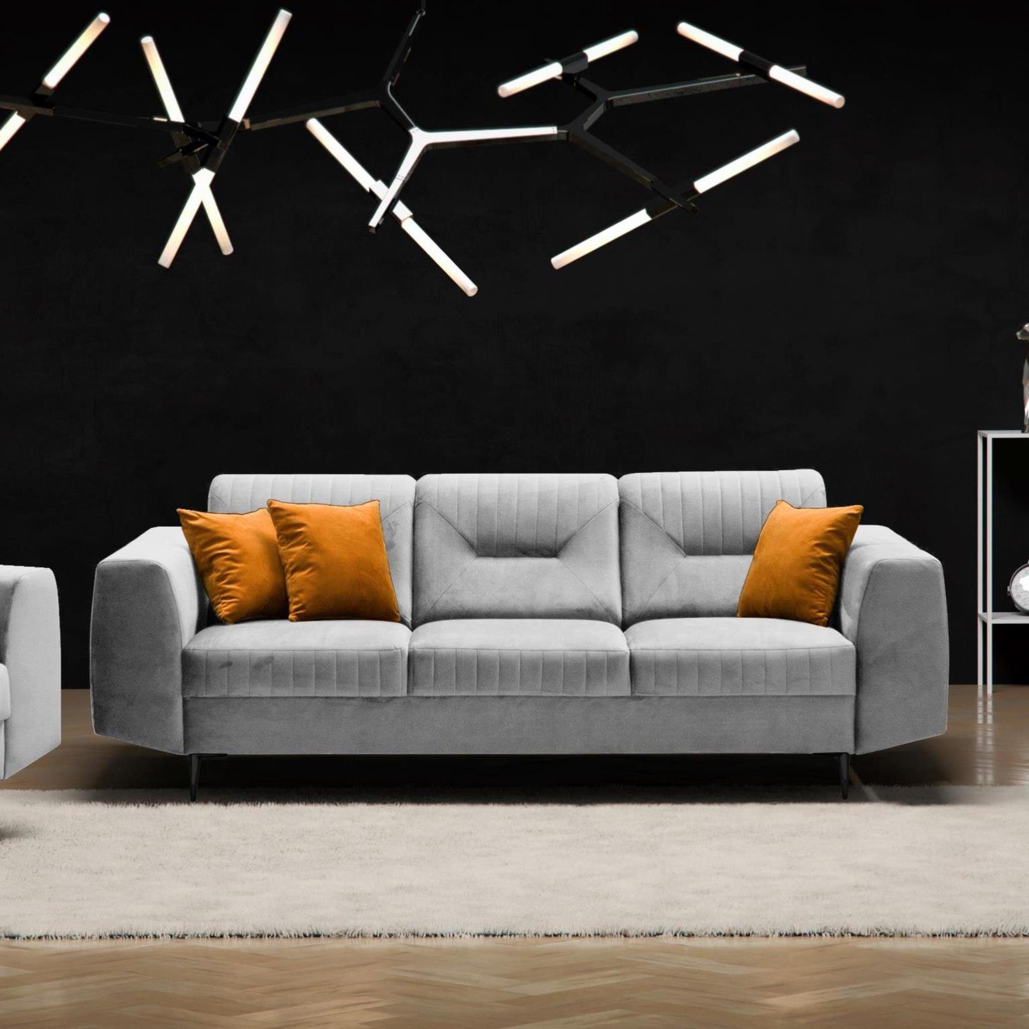 modernes Metallbeine, aus 3-Sitzer Sofa mit Hellgrau 03) im Beautysofa Design, Dreisitzer Velours (bluvel VENEZIA, Polstersofa