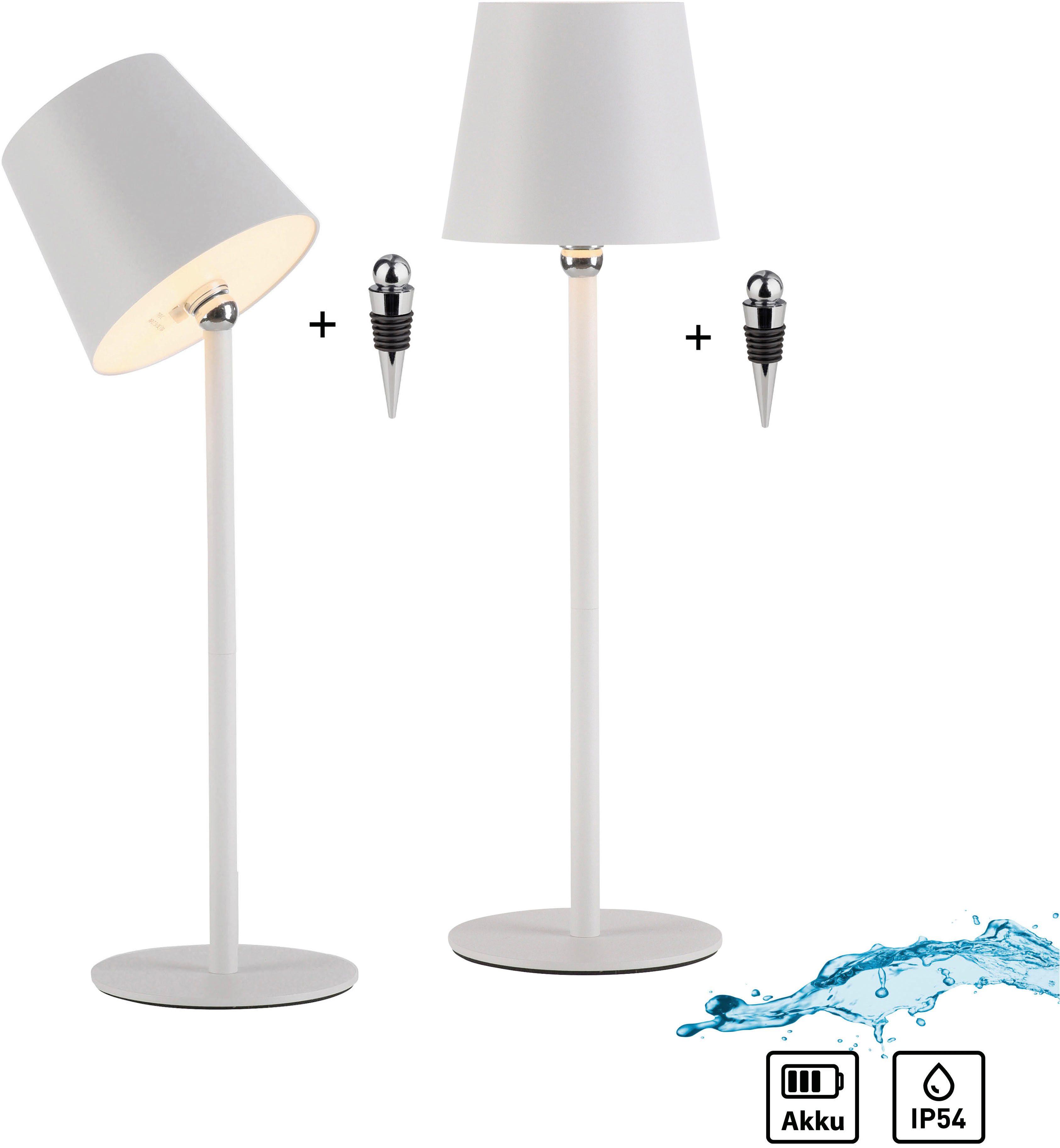 JUST LIGHT LED Tischleuchte BOTERIA - Set 2 Stück, inkl. Flaschenaufsatz, Memoryfunktion, LED fest integriert, Warmweiß, Akkubetrieben, aufladbar, magnetisch, dimmbar, In- und Outdoor