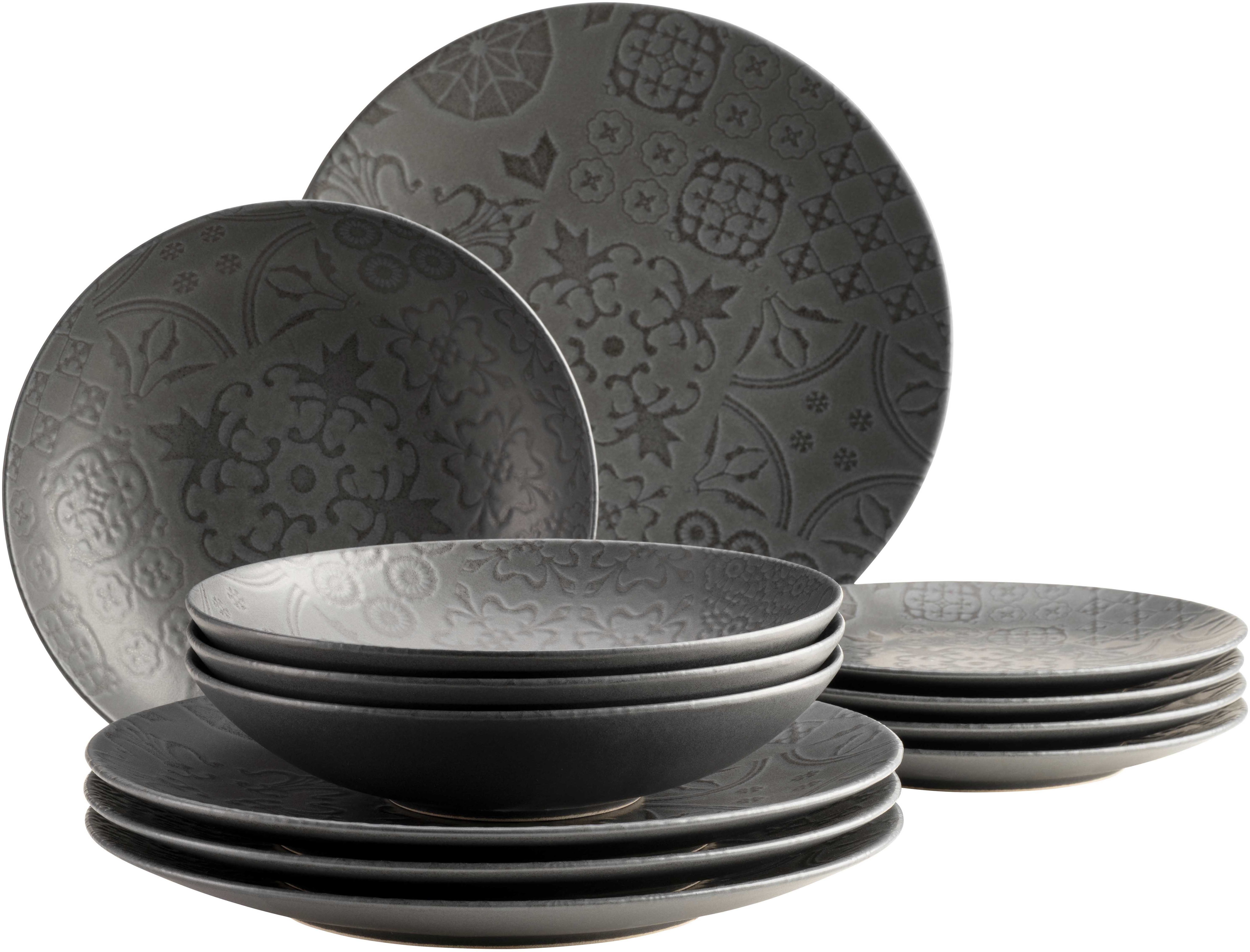 MÄSER Tafelservice TRAD. TILES SCHWARZ, Geschirr Set, Steinzeug (12-tlg), 4 Personen, Steinzeug, Teller Set