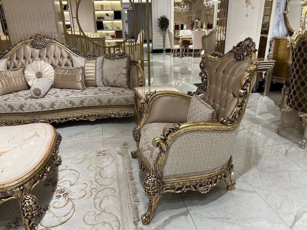 Luxus Sofa Sofa Wohnzimmer Muster Padrino mit Gold Wohnzimmer / Casa - Prunkvolle Kissen dekorativen - / Barock elegantem Braun im Barockstil Möbel Weiß Handgefertigtes und Sofa