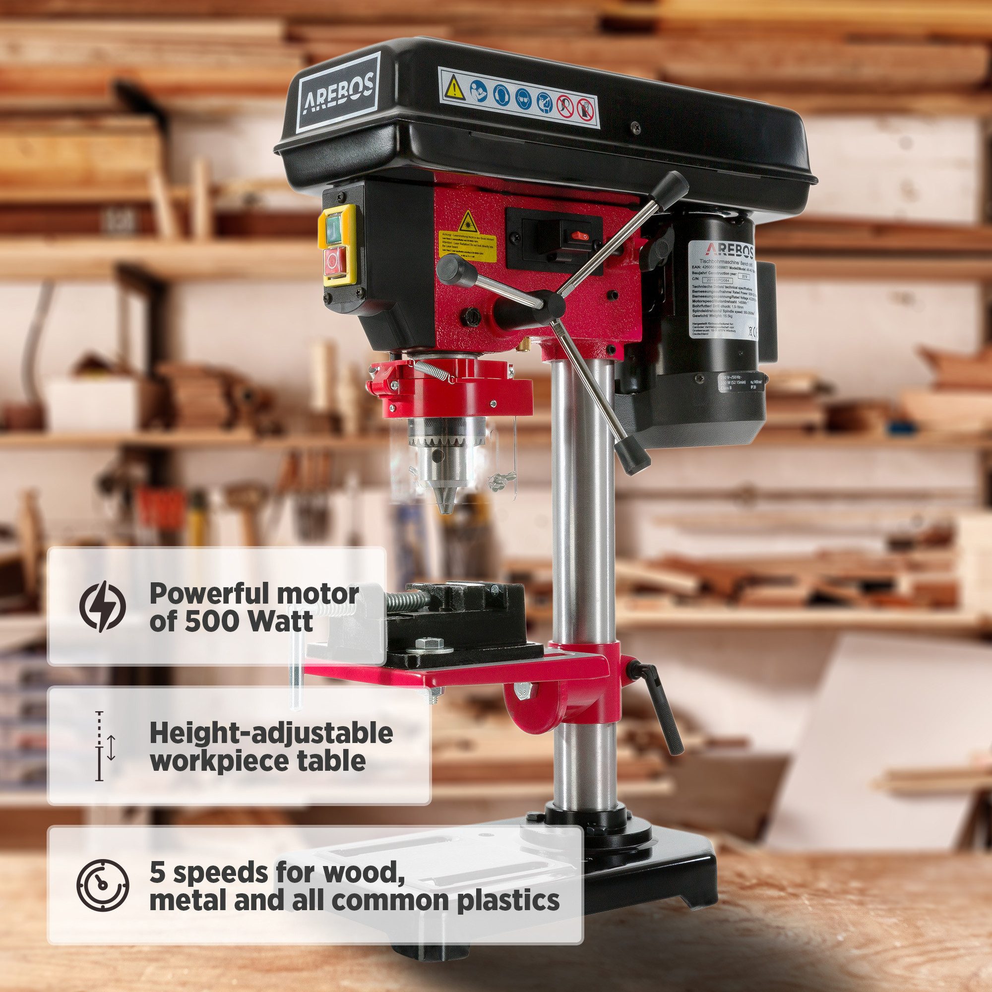 Arebos Tischbohrmaschine mit integriertem Positionslaser, 500 W, 5 Geschwindigkeitsstufen, 230 - 240 V, max. 2500,00 U/min, (Set), Schallleistungspegel: 78,8 dB(A), Schalldruckpegel: 68,4 dB(A)