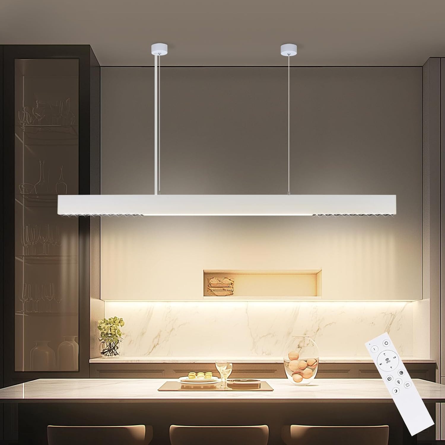 ZMH LED Pendelleuchte Esstisch Hängelampe Dimmbar - Modern mit Fernbedienung, LED fest integriert, Tageslichtweiß, weiß, dimmbar, Lang Linear, 53/57W