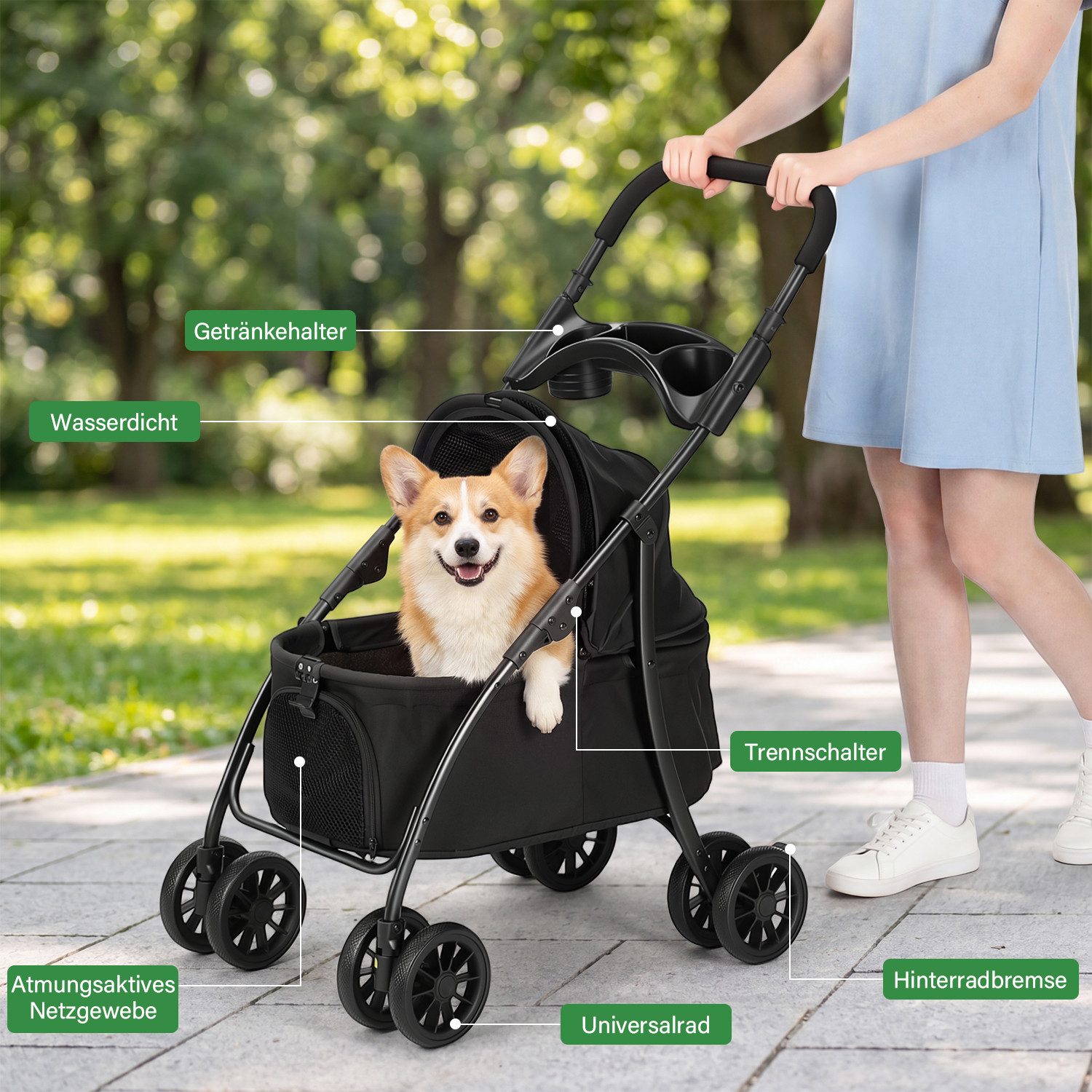 oyajia Hundebuggy Hundewagen Haustiere Buggy für Hunde und Katzen 4 Rädern,klappbar, (Kinderwagen für kleine Haustiere,für Mittelgroße und kleine Hunde), Haustierbuggy, Faltbar,Getränkehalter