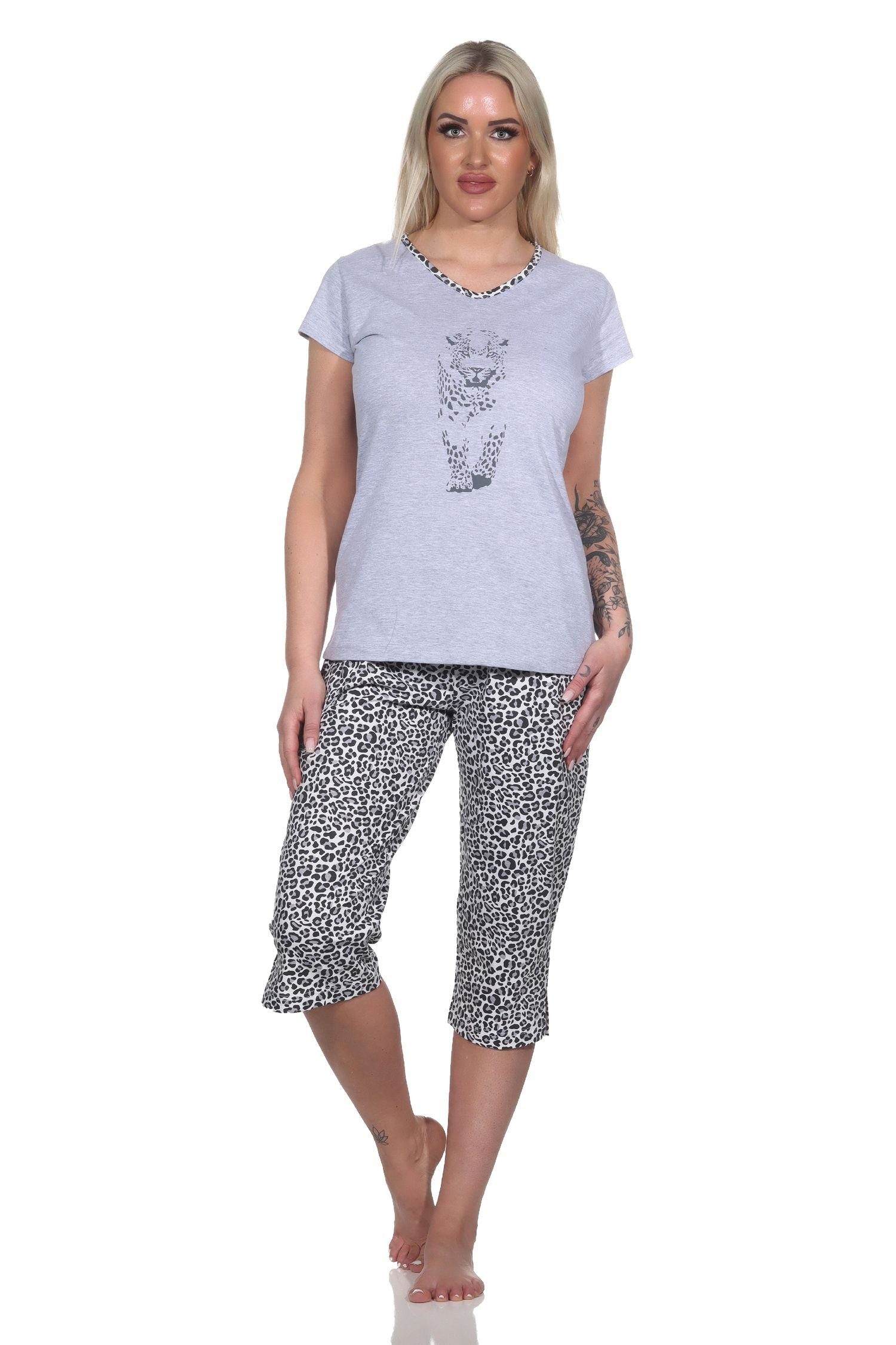 Pyjama Normann Schlafanzug grau-mel. mit Kurzarm Damen im Animal-Print-Look Capri Tiermotiv