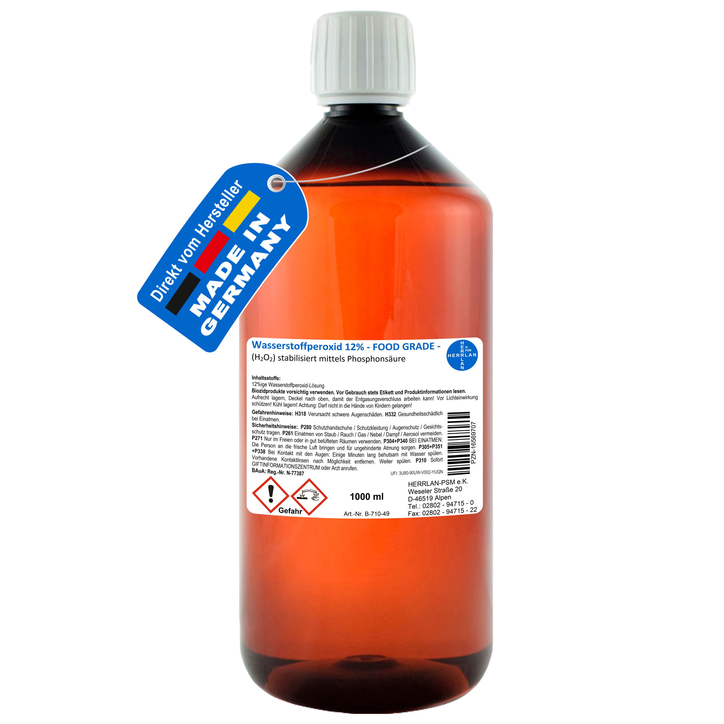 HERRLAN Wasserstoffperoxid 12% FOOD GRADE I HERRLAN-Qualität Oberflächen-Desinfektionsmittel (1 Liter)