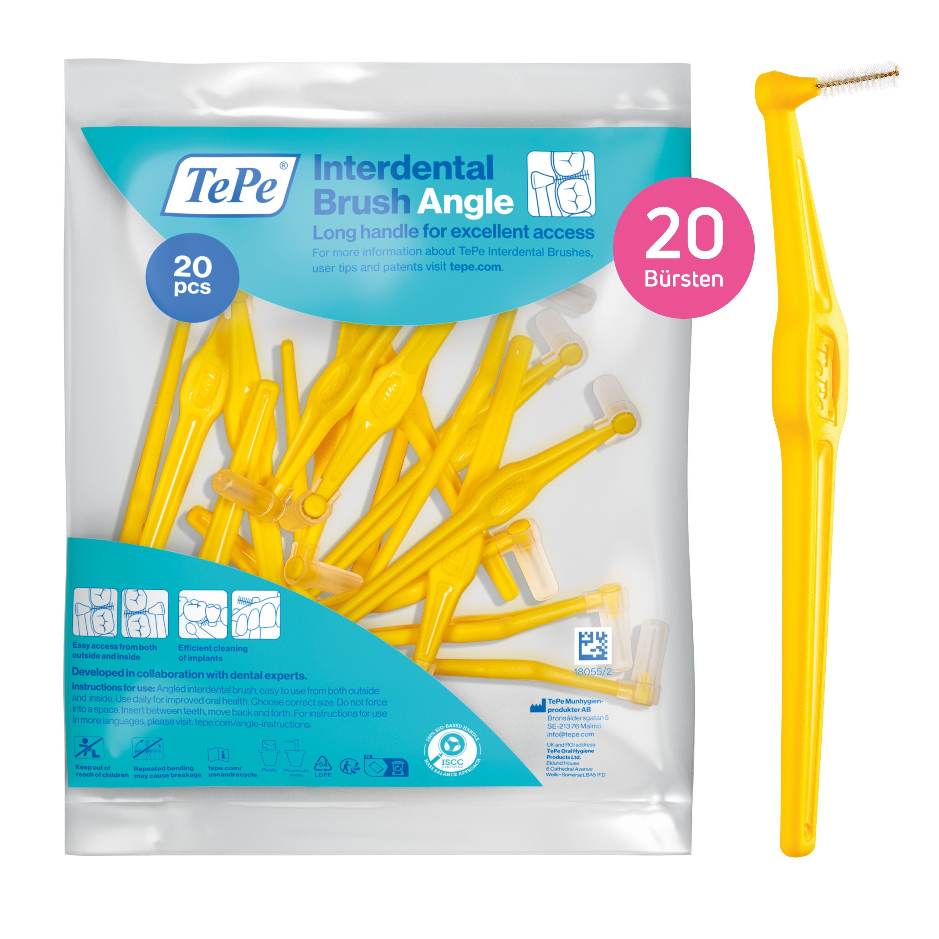 TePe Interdentalbürsten Angle Gelb 0,7 mm, ISO-4, 20-Pack, Langer, flacher Griff