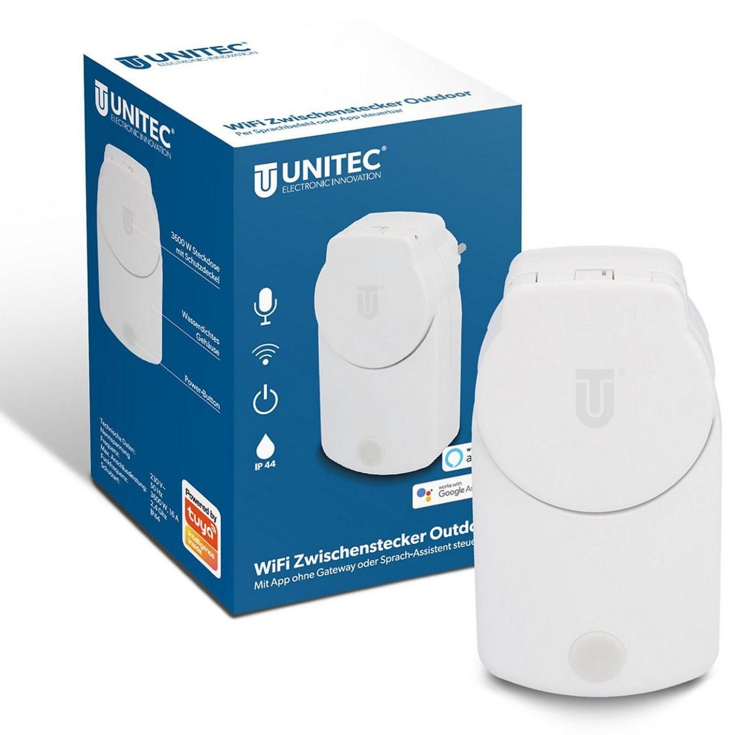 UNITEC WLAN-Steckdose Smart Steckdose WLAN Outdoor IP44 Weiß, 1x Stecker, Außen Stecker Zwischenstecker Zeitschaltuhr Alexa Hey Google Tuya App