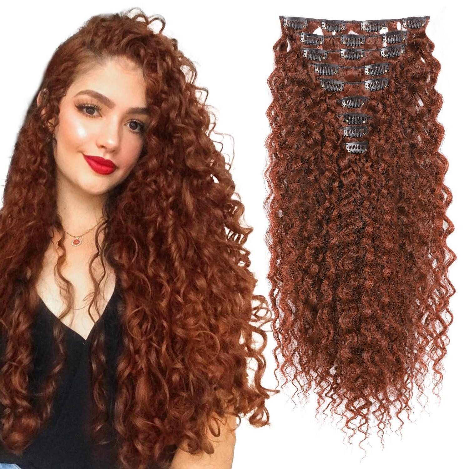 LuxusKollektion Kunsthaar-Extension Haarverlängerungen Clip in 9PCS 22 Inch Lockig Damen 56 CM Rot Kupfer
