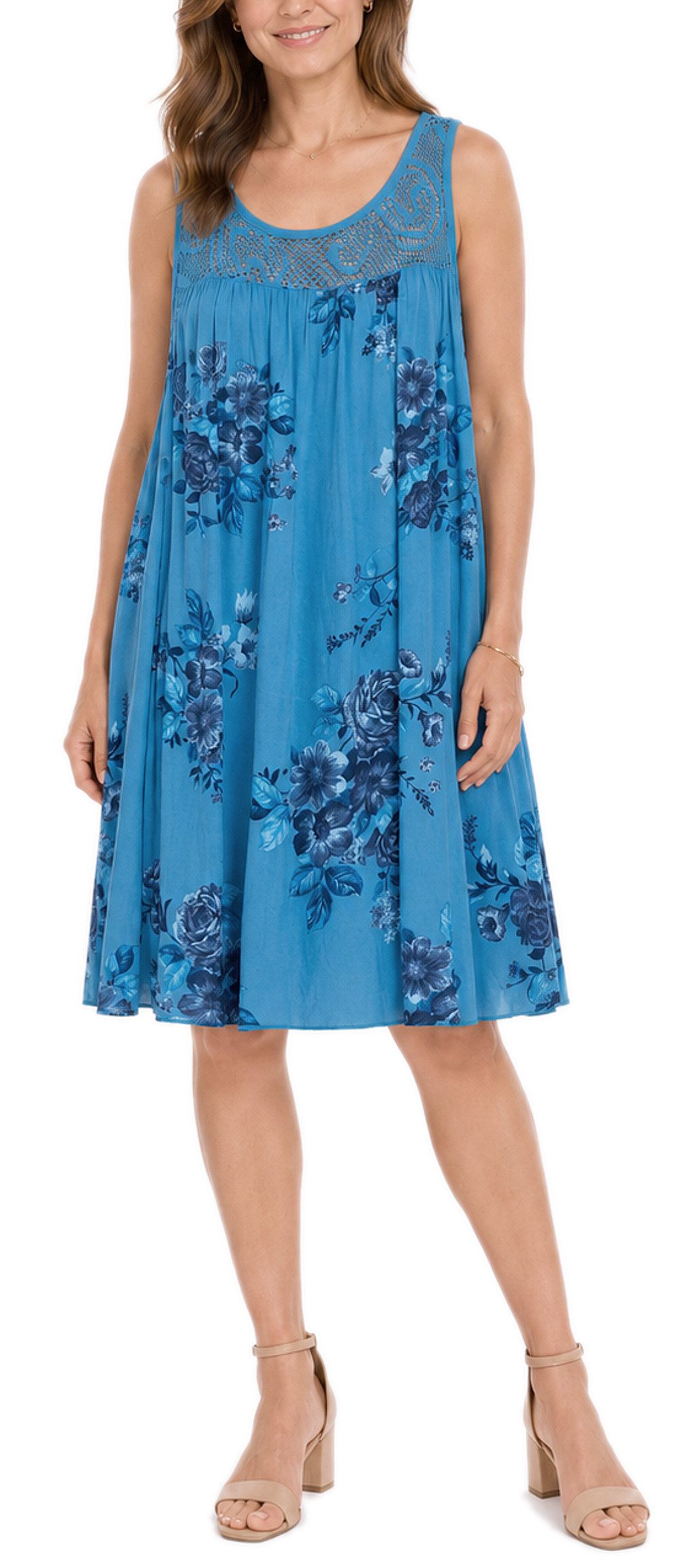 dy_mode Midikleid Damen Sommerkleid Blumenmuster Midi Kleid Strandkleid knielang Knielang, Transparente Häkel-Einsatz im Dekolleté- und Rückenbereich