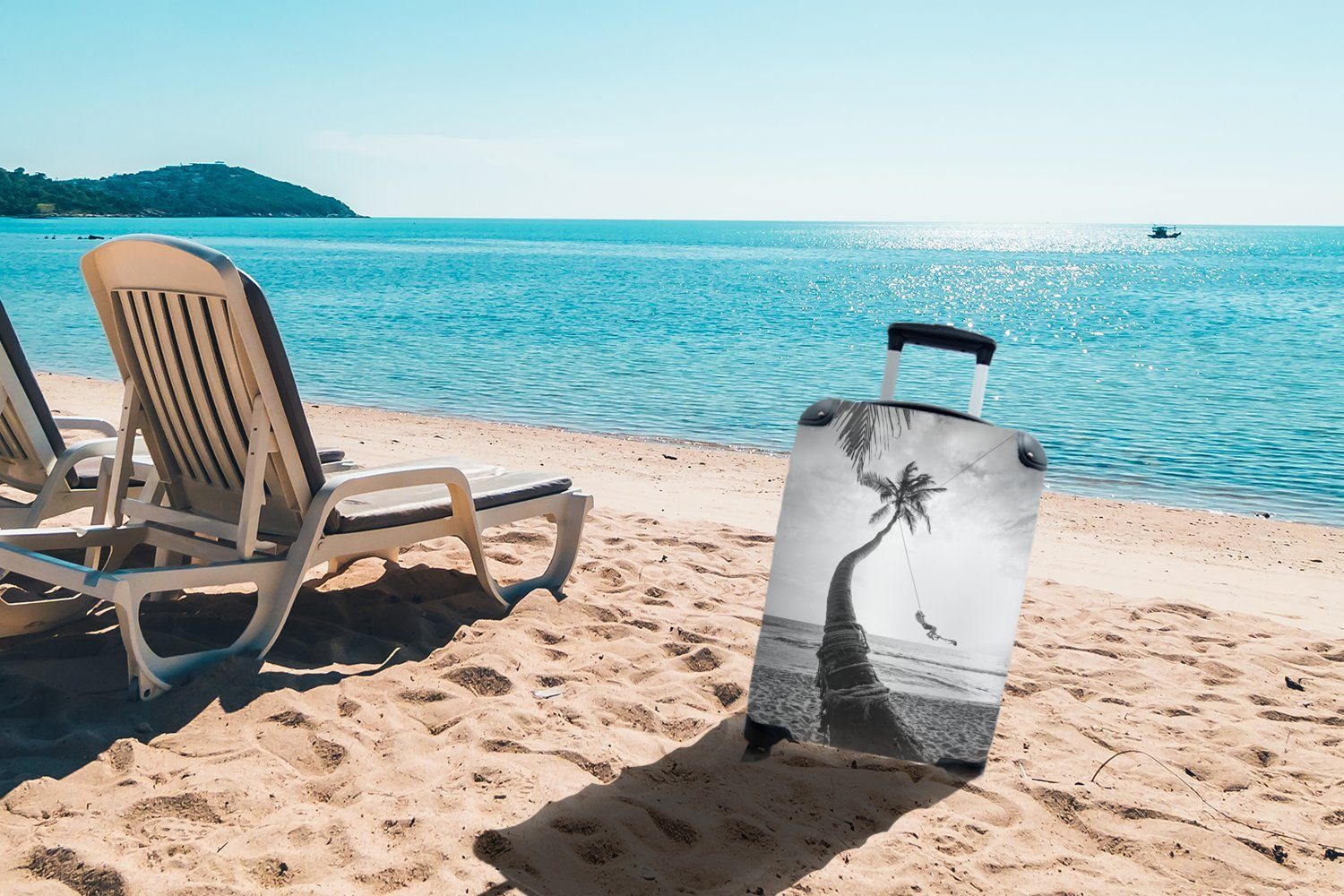 MuchoWow Handgepäckkoffer mit und schwarz 4 Schaukel weiß, - Lanka Ferien, in auf Palme einer Reisetasche für Rollen, Sri rollen, Handgepäck Trolley, Reisekoffer